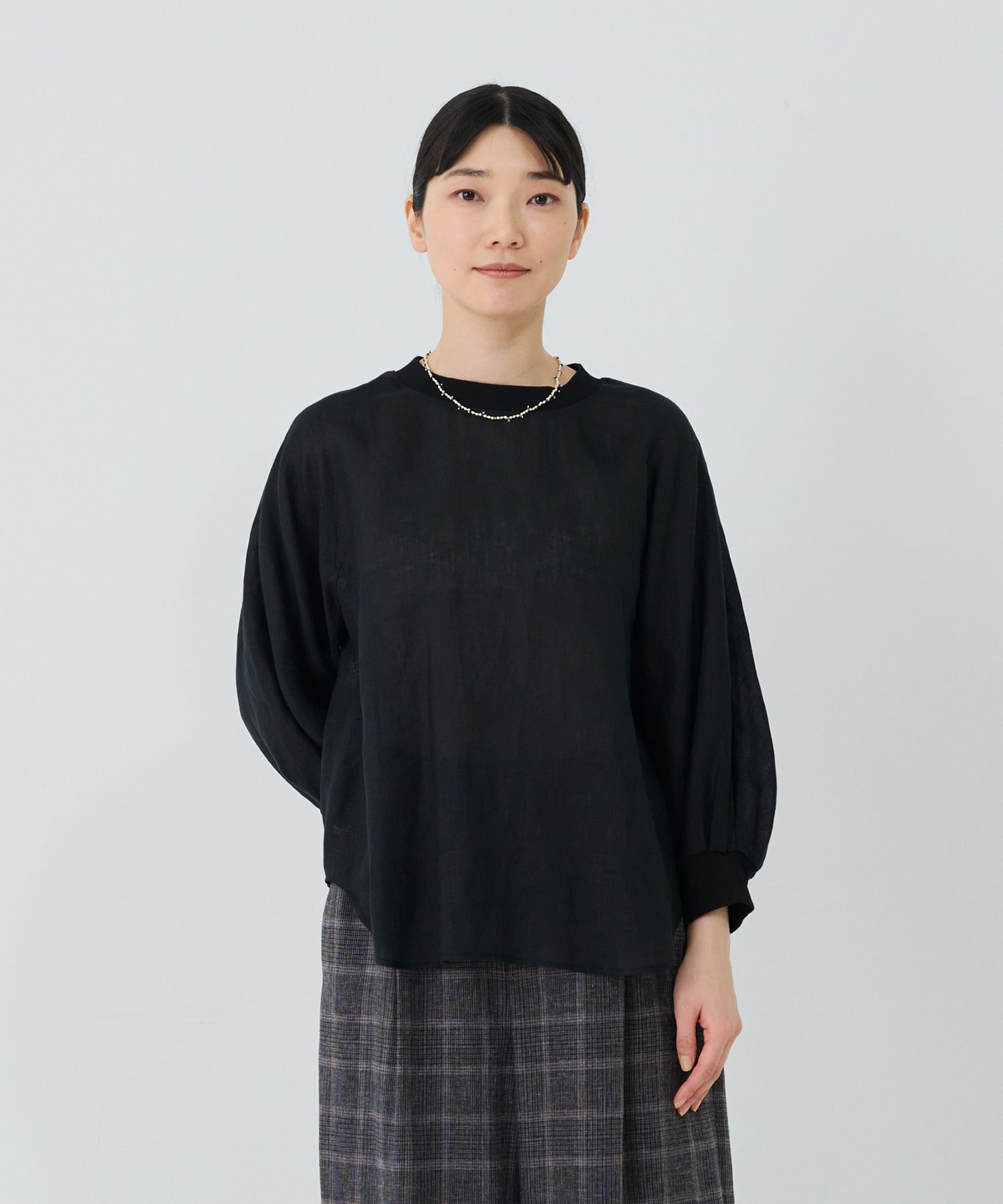 ｜2BUY10％／3BUY20％OFF｜リブ付きリネンＴブラウス