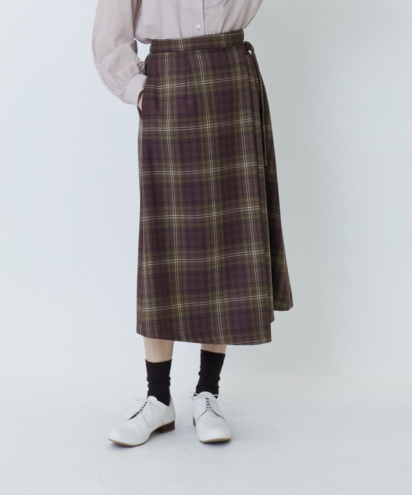 【LOISIR】ウールサキソニーチェックラップスカート