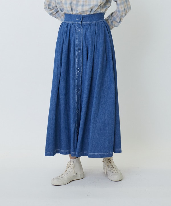 【LOISIR】綿麻ライトオンスデニムギャザーフレアーデザインスカート