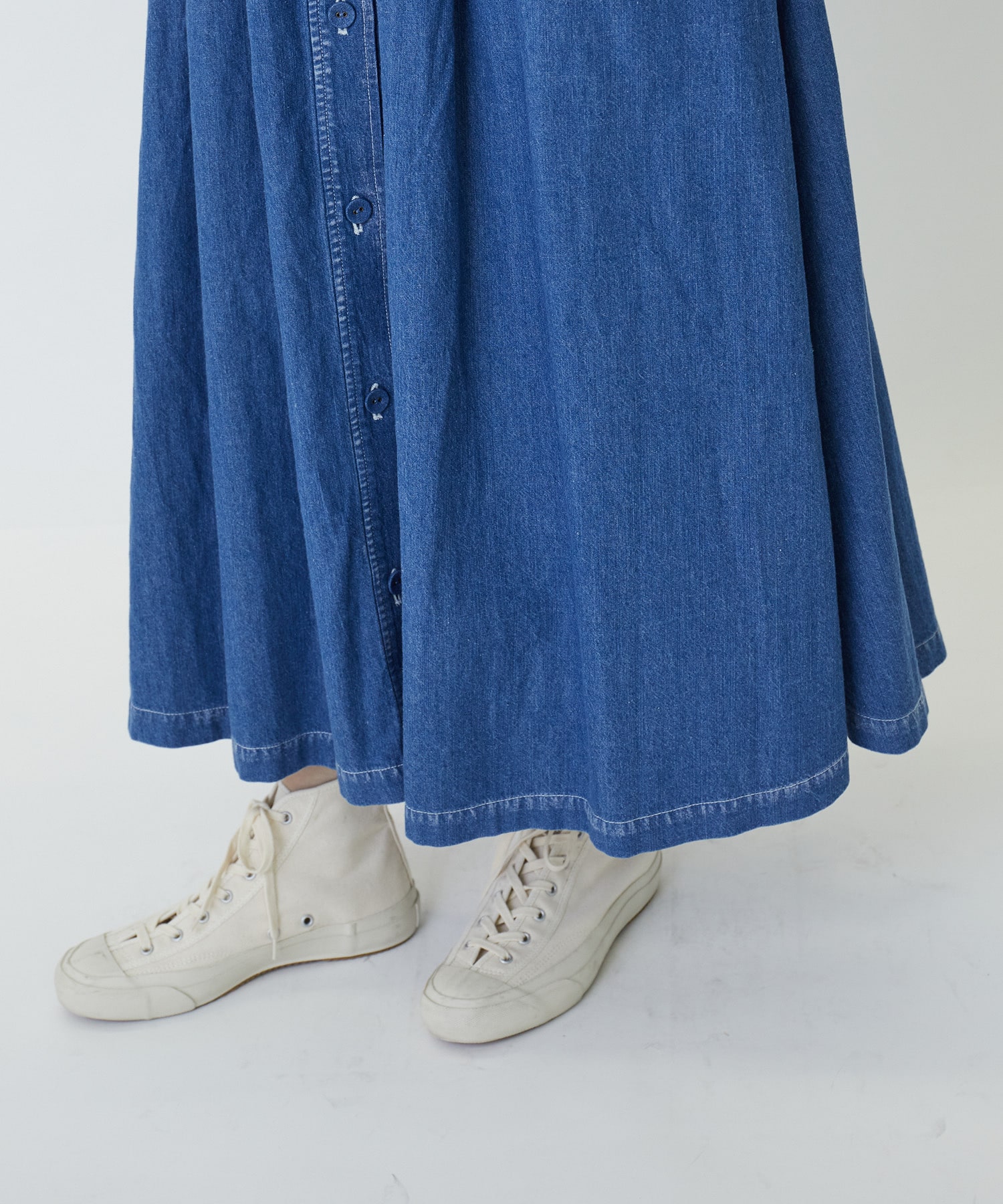 【LOISIR】綿麻ライトオンスデニムギャザーフレアーデザインスカート 詳細画像 インディゴブルー 11
