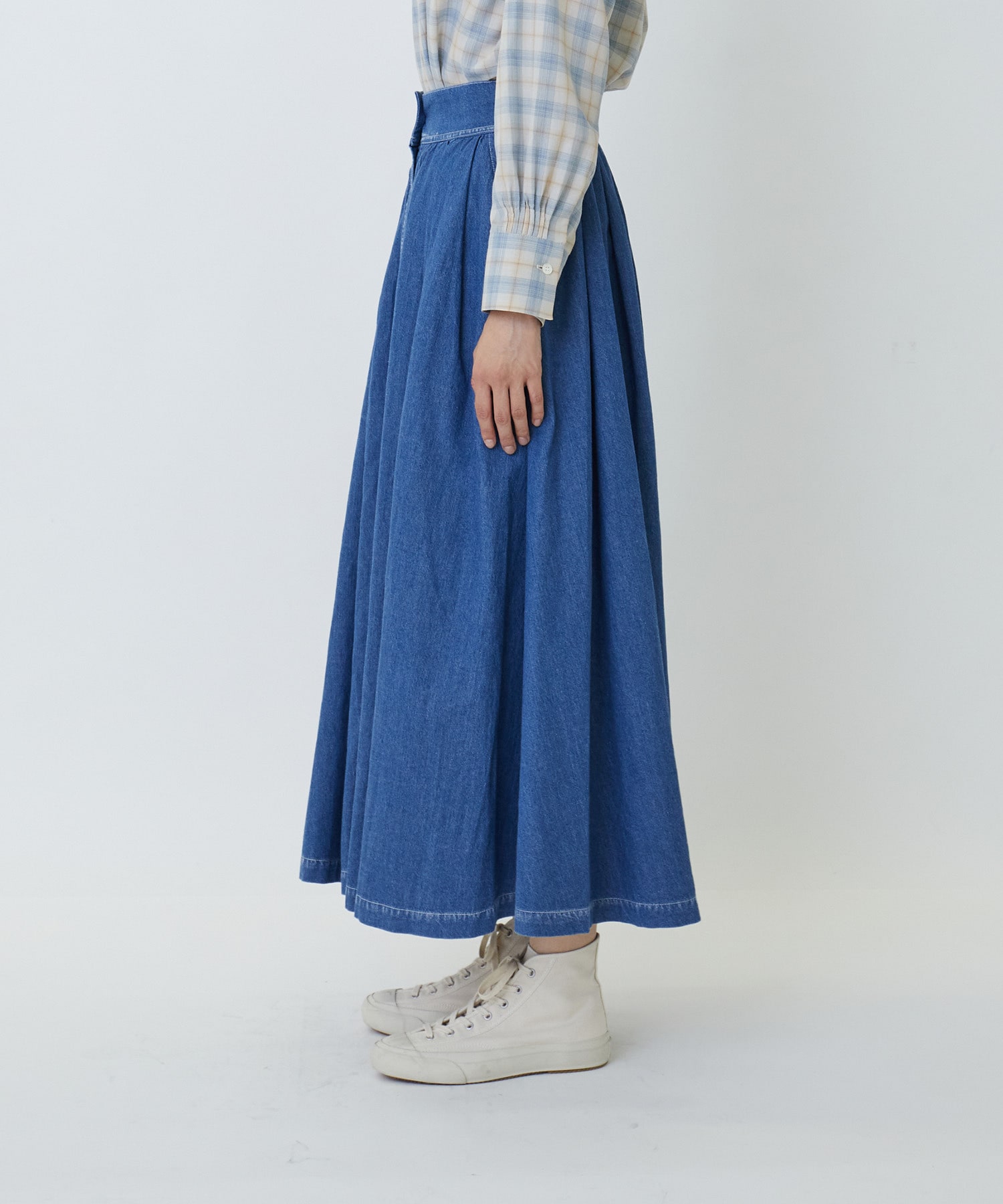 【LOISIR】綿麻ライトオンスデニムギャザーフレアーデザインスカート 詳細画像 インディゴブルー 6