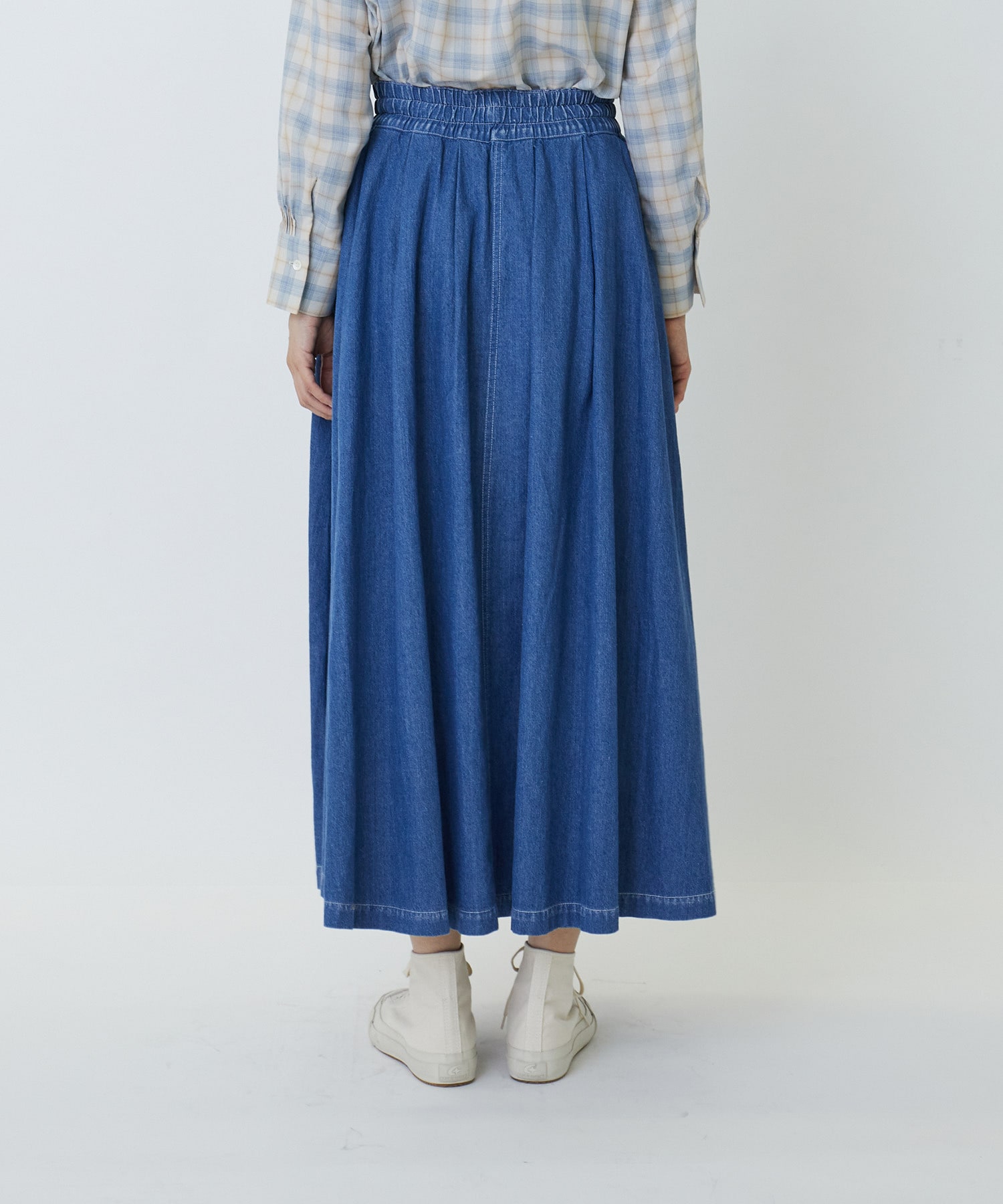 【LOISIR】綿麻ライトオンスデニムギャザーフレアーデザインスカート 詳細画像 インディゴブルー 7