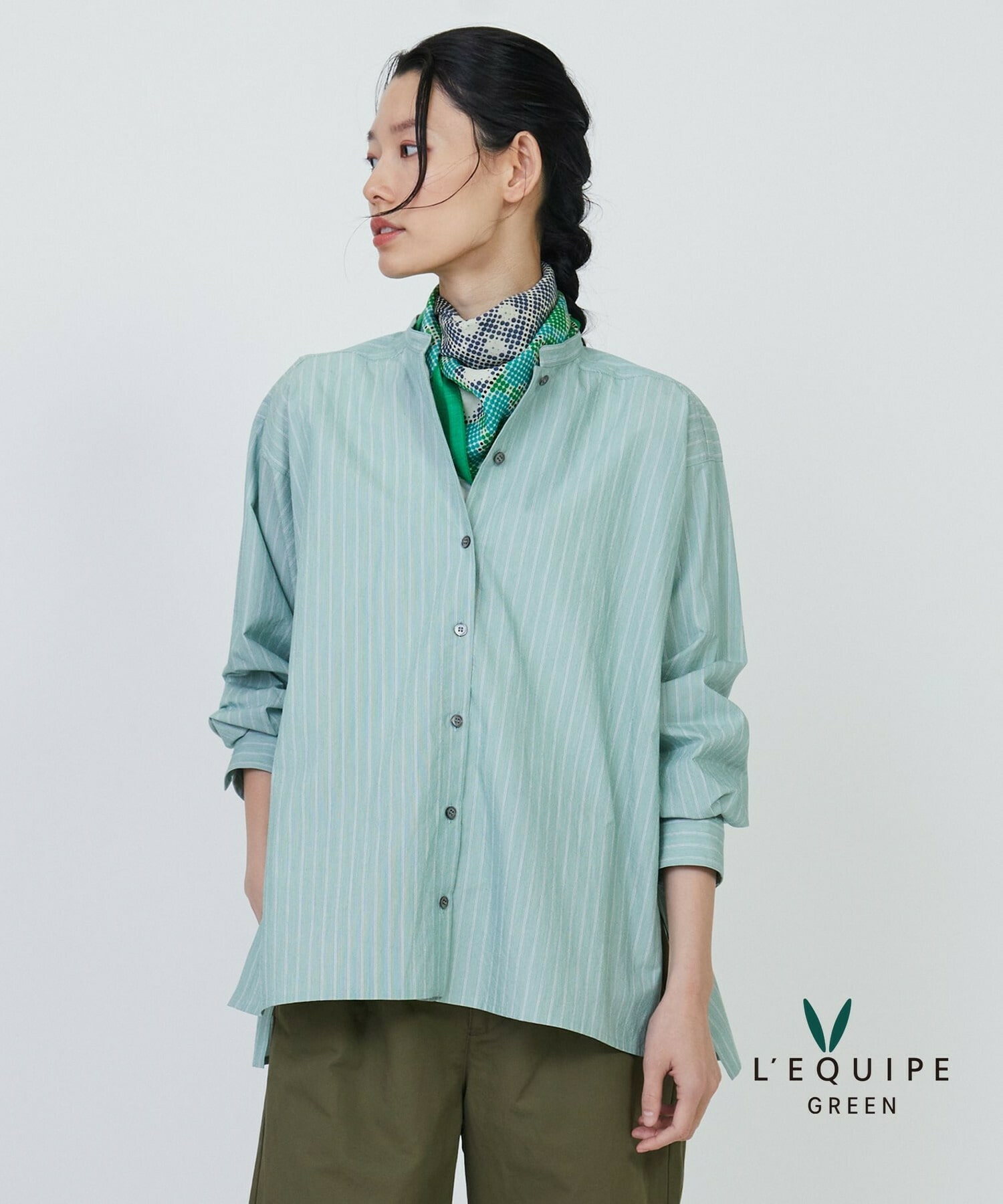 【GREEN】UVカットストライプ/リサイクルC/Nストライプシャツ 詳細画像 グリーン 1