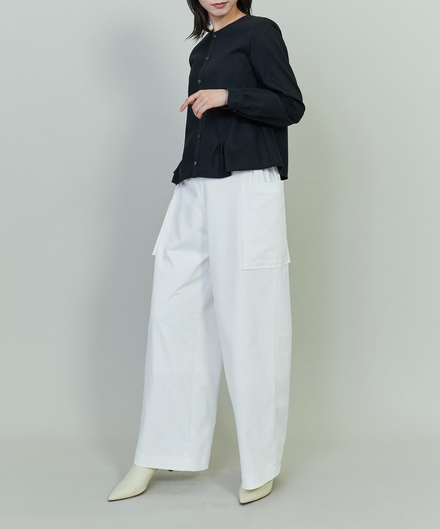 【endalence】コットンWクロスノーカラーフレアヘムシャツ 詳細画像 ブラック 6