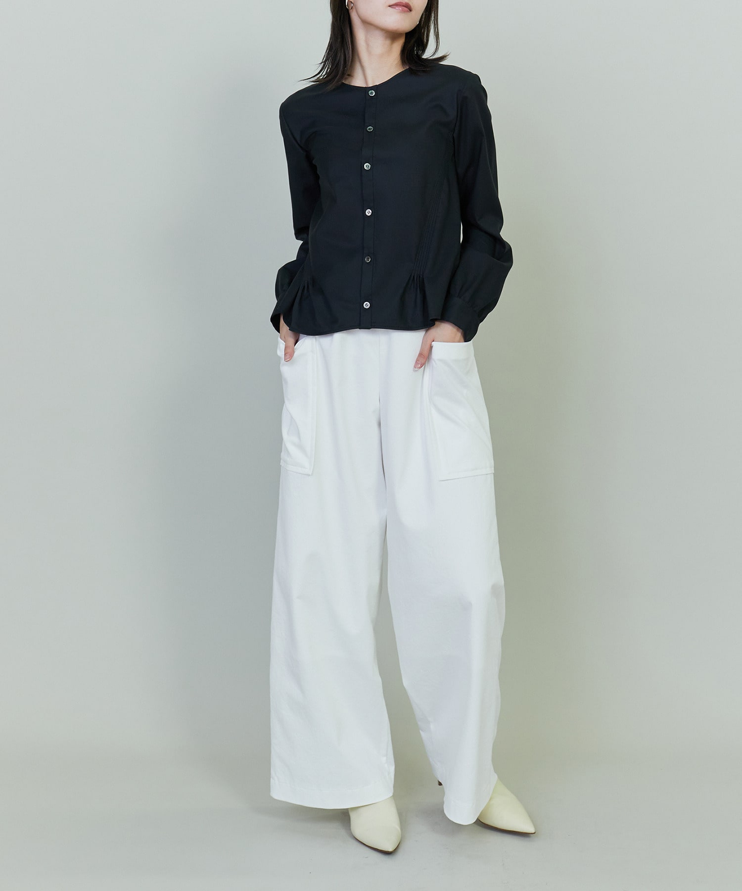 【endalence】コットンWクロスノーカラーフレアヘムシャツ 詳細画像 ブラック 7