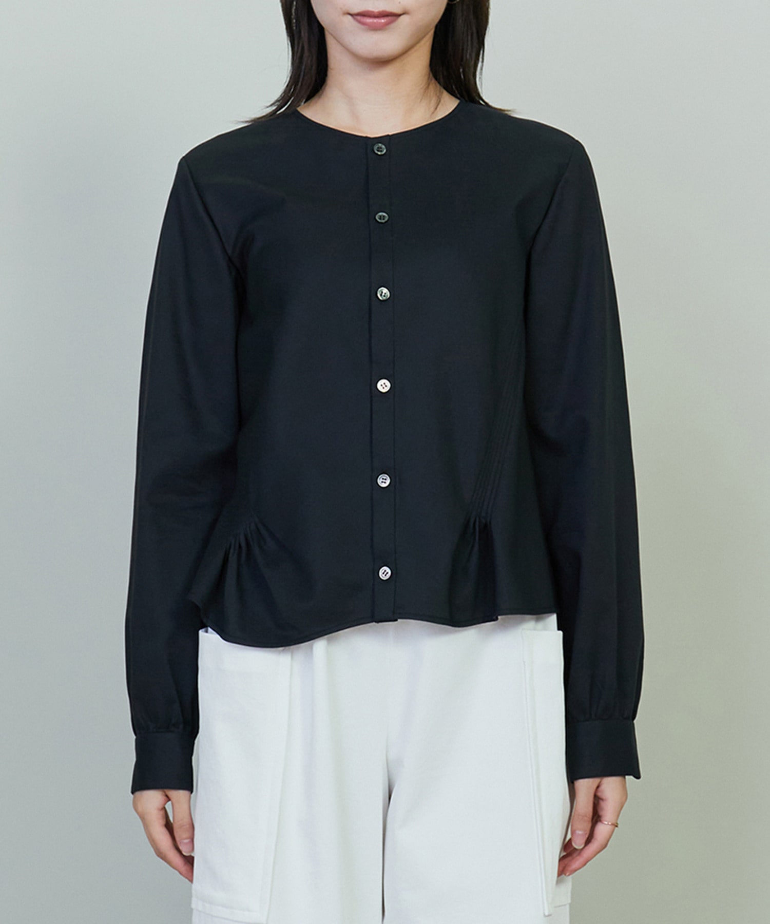 【endalence】コットンWクロスノーカラーフレアヘムシャツ 詳細画像 ブラック 8