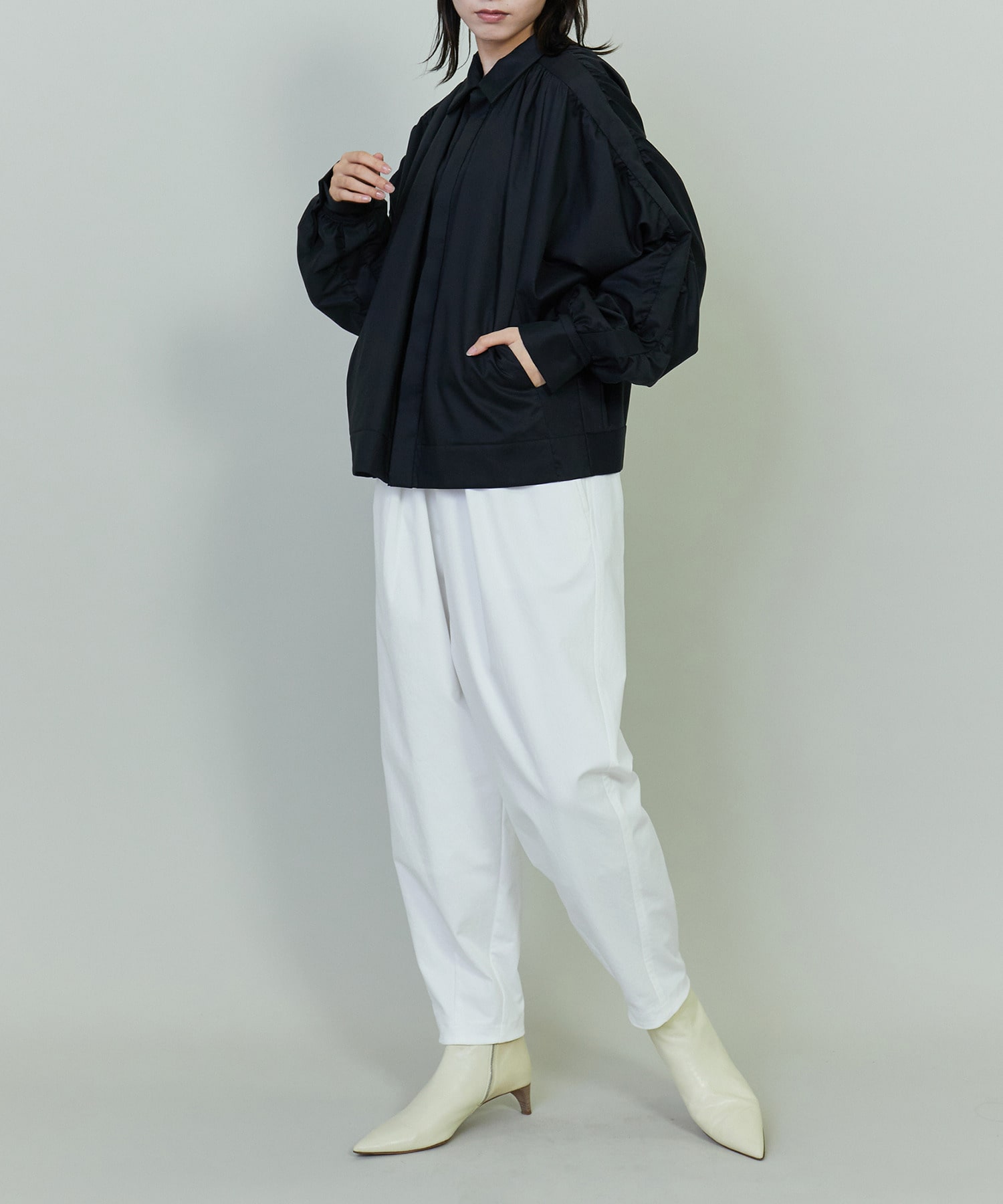 【endalence】コットンWクロスギャザースリーブシャツ 詳細画像 ブラック 1