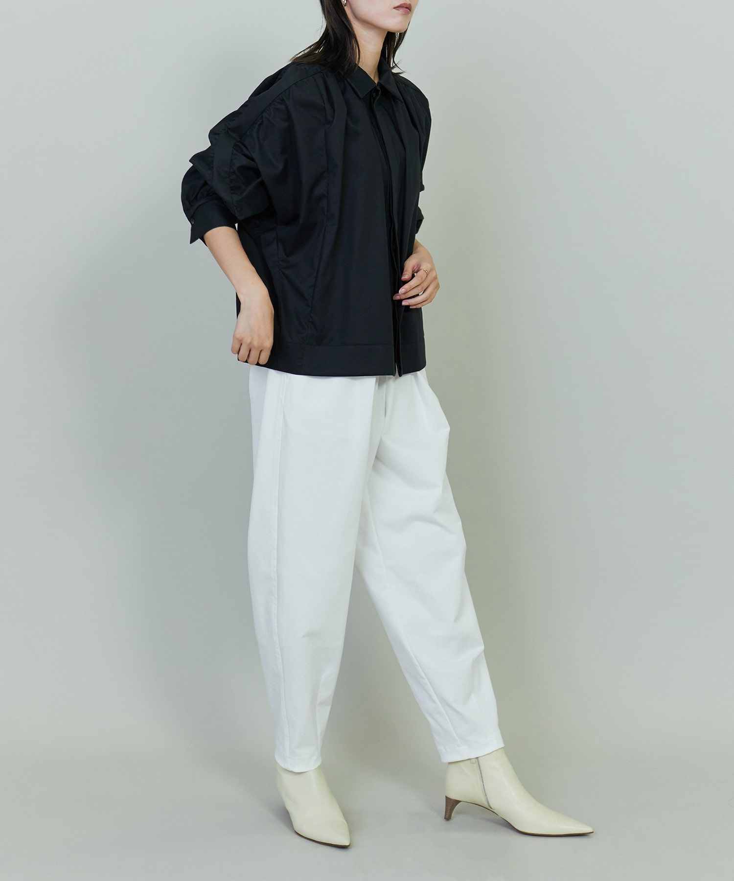 【endalence】コットンWクロスギャザースリーブシャツ 詳細画像 ブラック 3