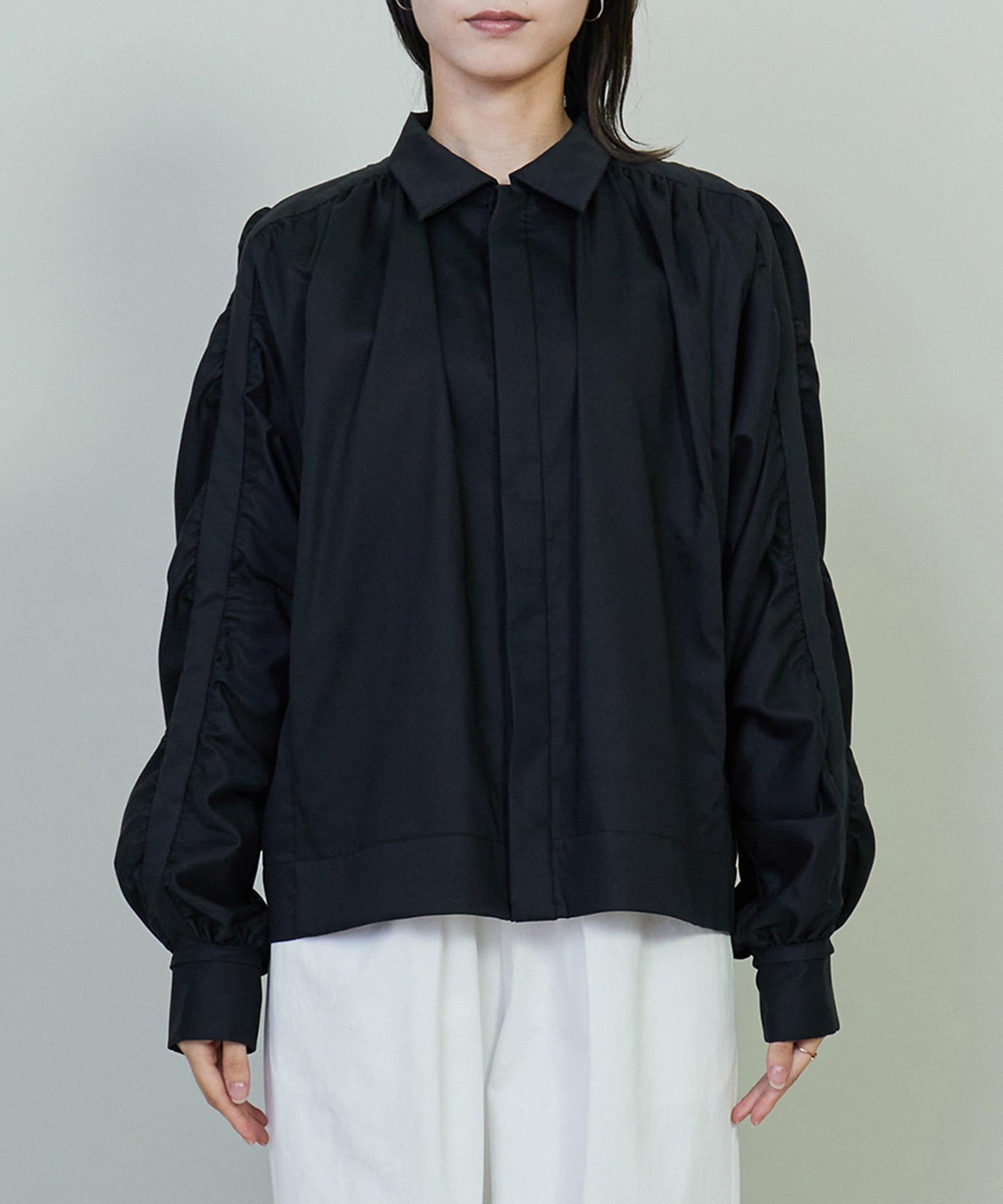 【endalence】コットンWクロスギャザースリーブシャツ 詳細画像 ブラック 6