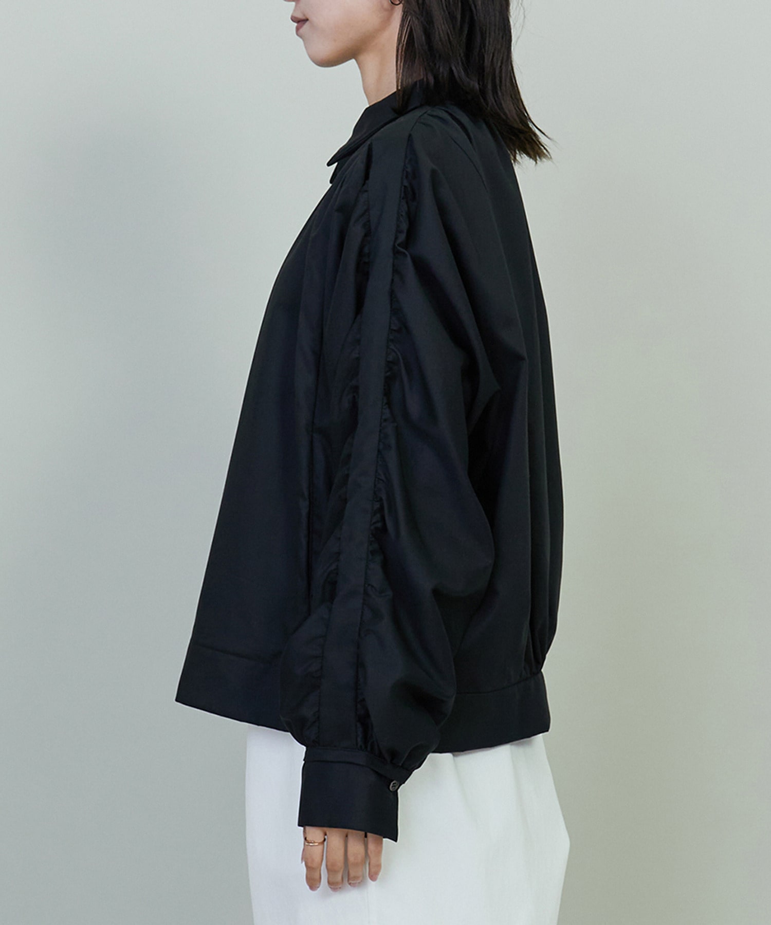 【endalence】コットンWクロスギャザースリーブシャツ 詳細画像 ブラック 7