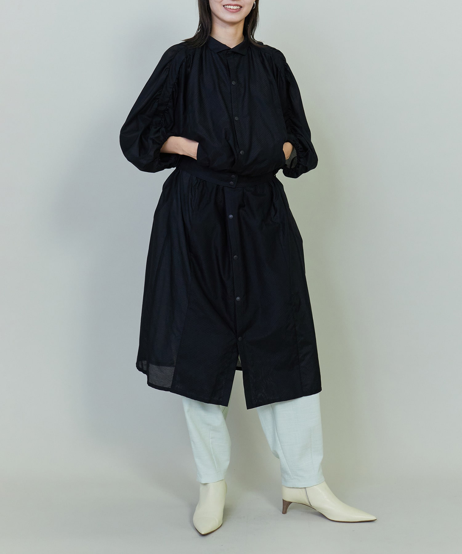 【endalence】シルクコットンツイルギャザースリーブドレス 詳細画像 ホワイト 1