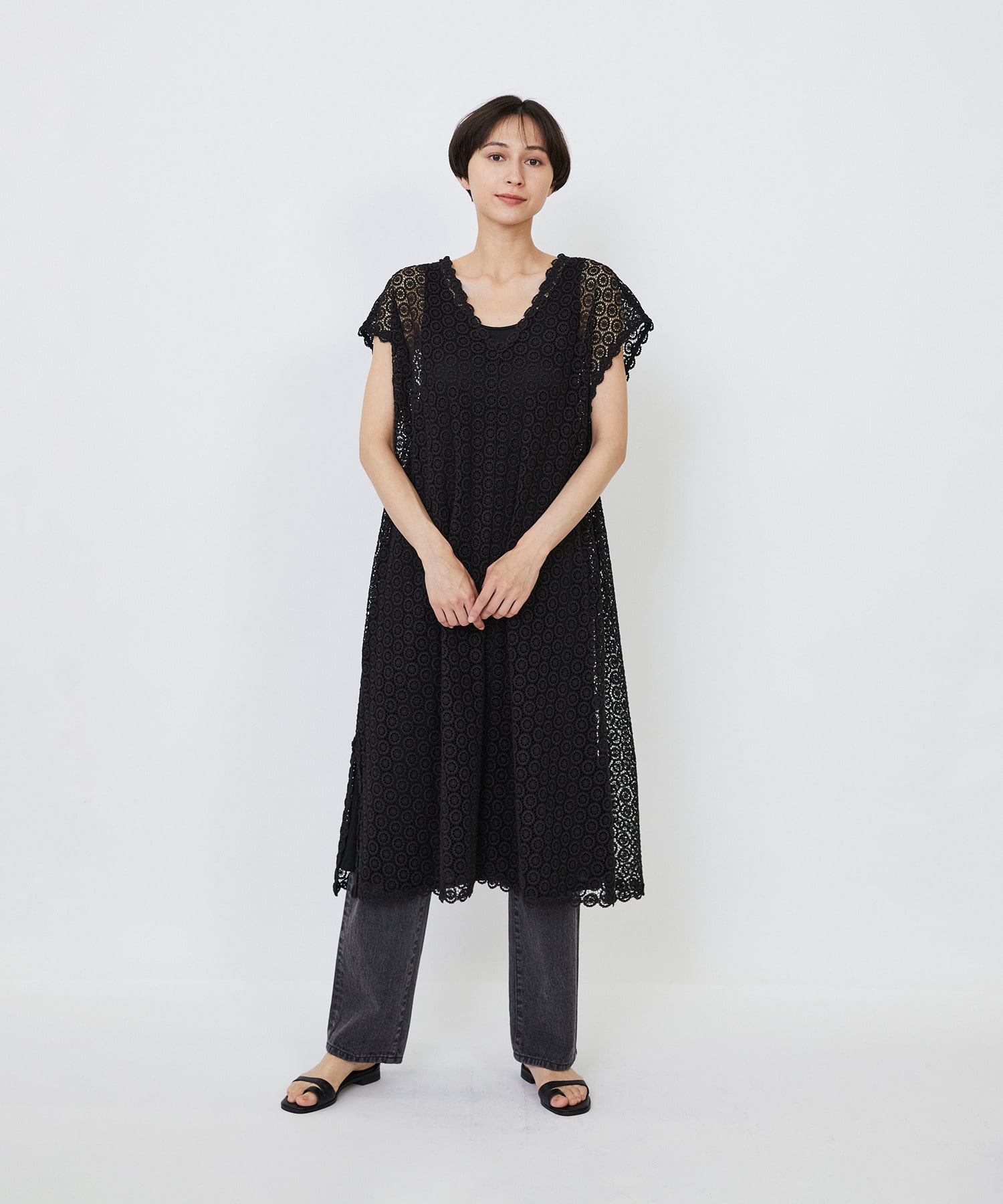 【LOISIR】｜2BUY10%OFF・3BUY20%OFF｜【MTサイズ有り】コットンケミカルレーススリーブレスワンピース 詳細画像 ブラック 10