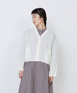 【LOISIR】エステルコットンリネンダブルジャカード編みショートカーディガン 詳細画像 オフホワイト 1