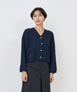 【LOISIR】エステルコットンリネンダブルジャカード編みショートカーディガン 詳細画像 ネイビー 1