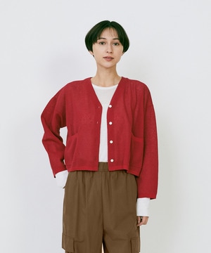 【LOISIR】エステルコットンリネンダブルジャカード編みショートカーディガン 詳細画像 レッド 1