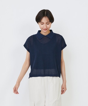 【LOISIR】エステルコットンリネンダブルジャカード編みニットポロ 詳細画像 ネイビー 1