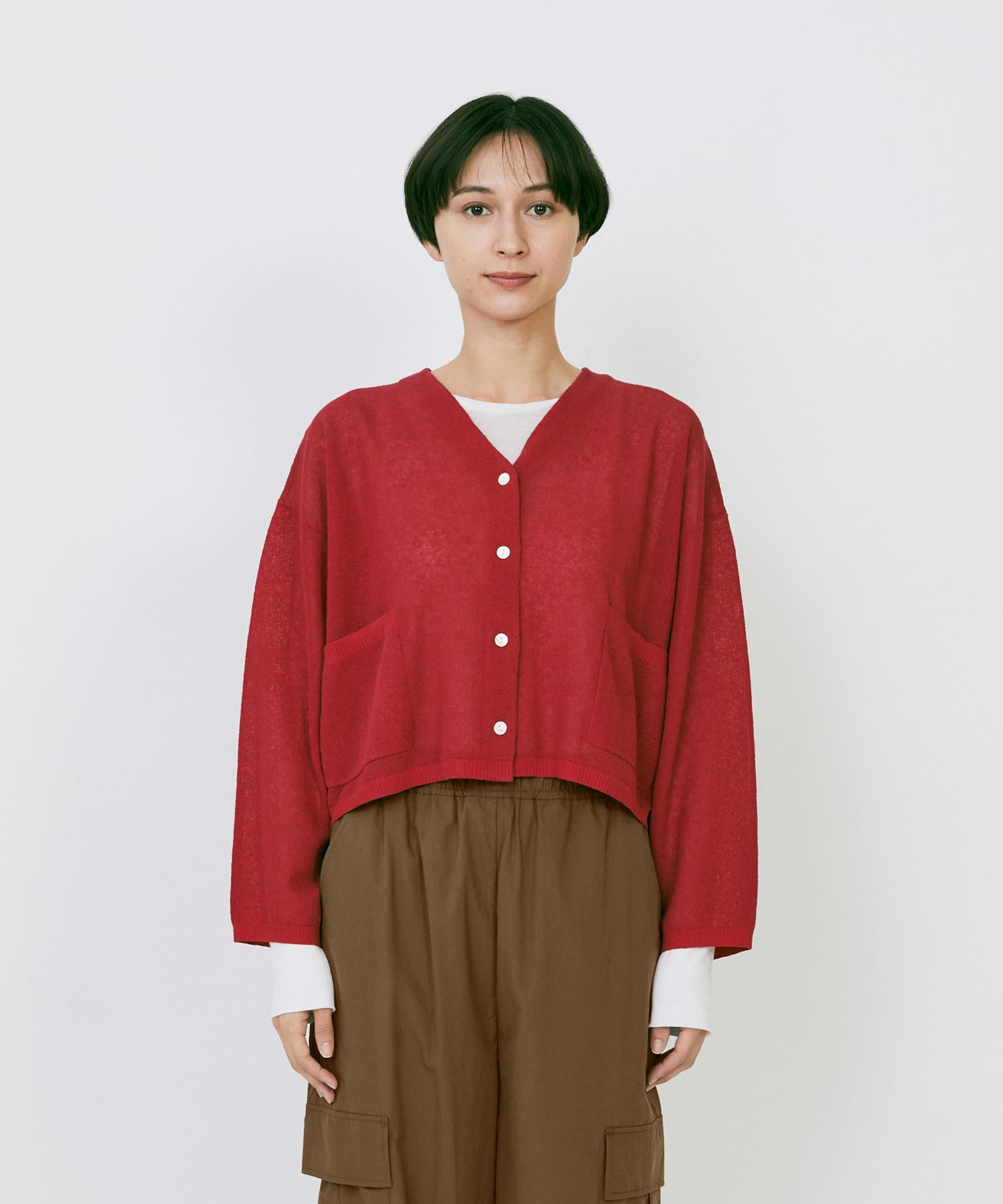 【LOISIR】エステルコットンリネンダブルジャカード編みショートカーディガン 詳細画像 ネイビー 16