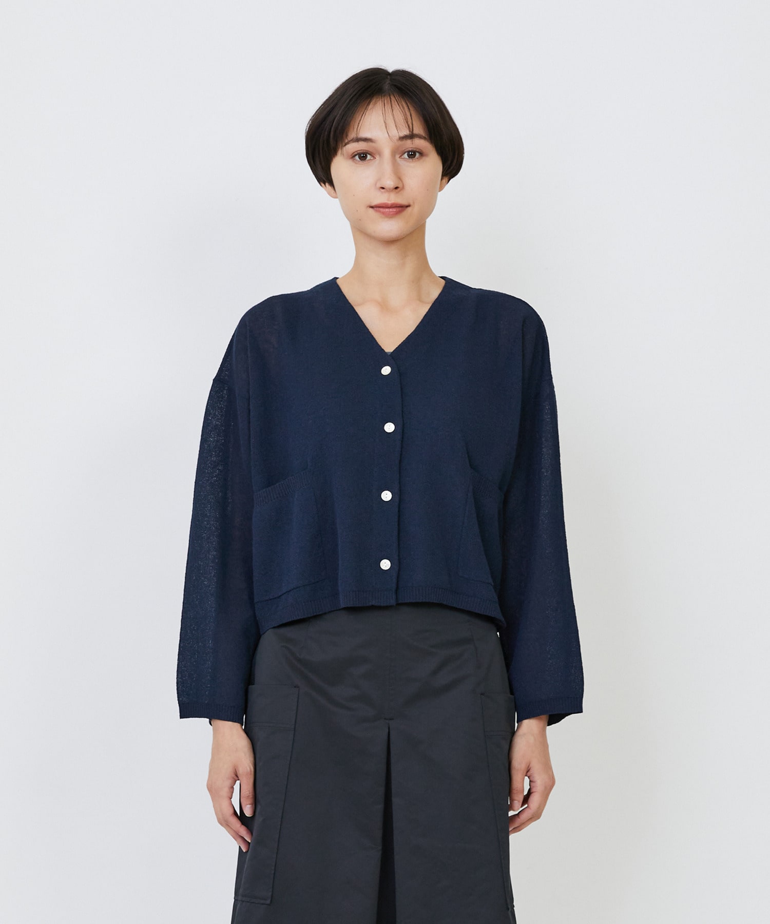 【LOISIR】エステルコットンリネンダブルジャカード編みショートカーディガン 詳細画像 ネイビー 24