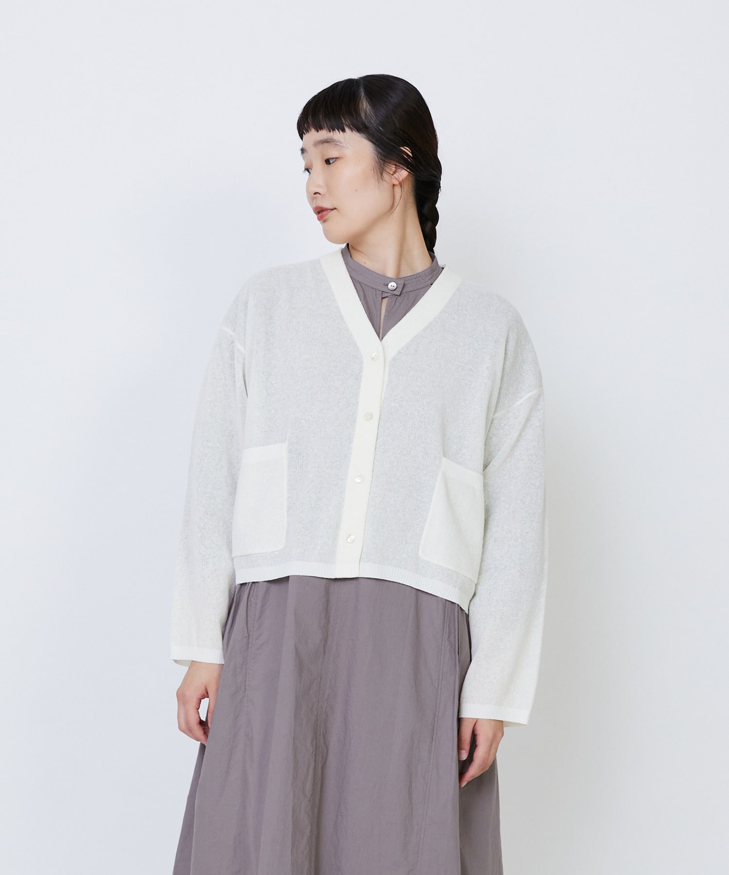 【LOISIR】エステルコットンリネンダブルジャカード編みショートカーディガン 詳細画像 オフホワイト 1
