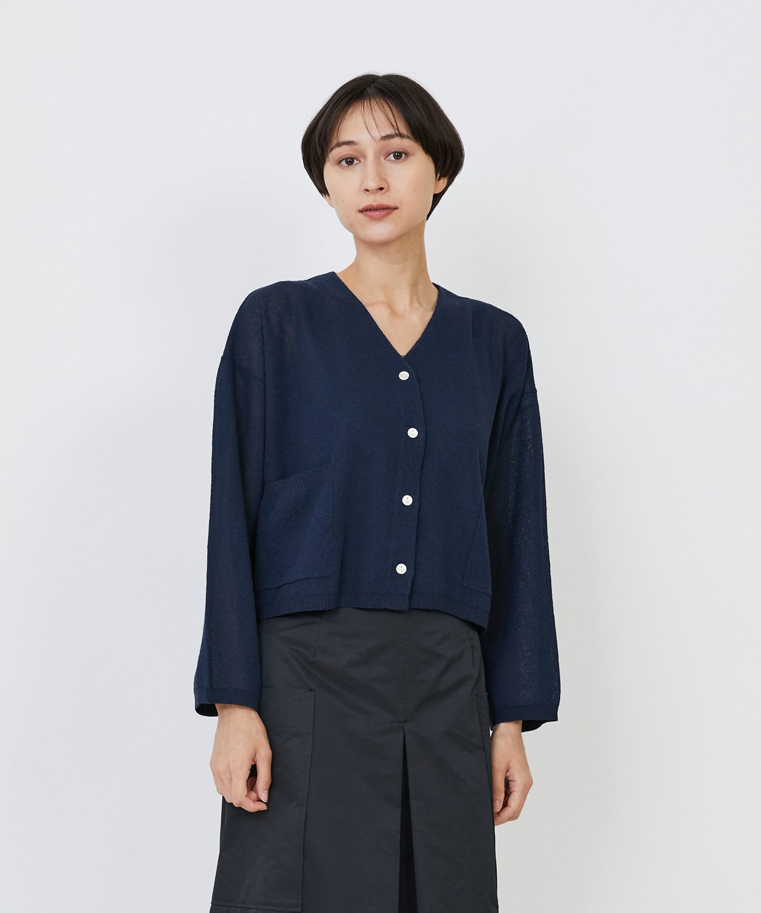 【LOISIR】エステルコットンリネンダブルジャカード編みショートカーディガン 詳細画像 ネイビー 1