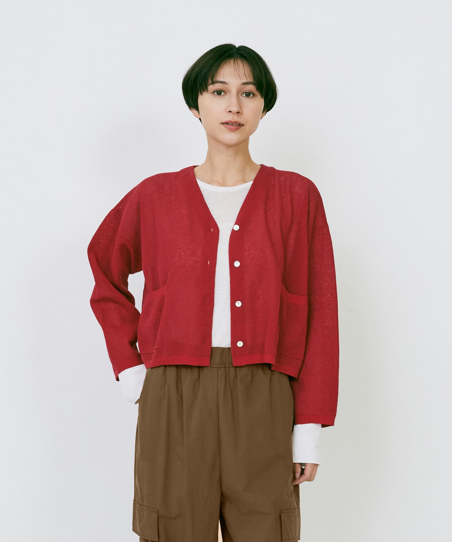 【LOISIR】エステルコットンリネンダブルジャカード編みショートカーディガン 詳細画像 レッド 1