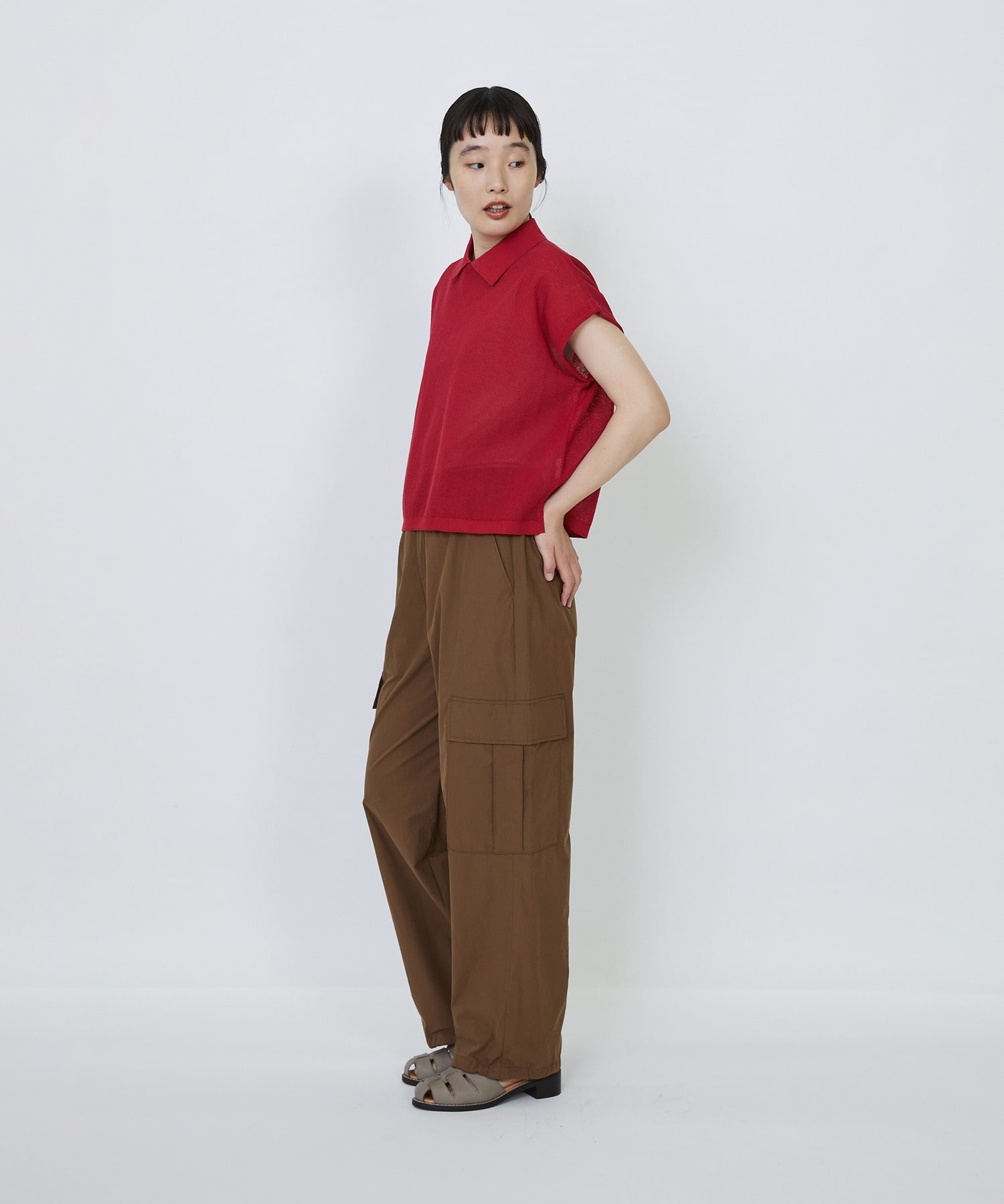 【LOISIR】エステルコットンリネンダブルジャカード編みニットポロ 詳細画像 レッド 11