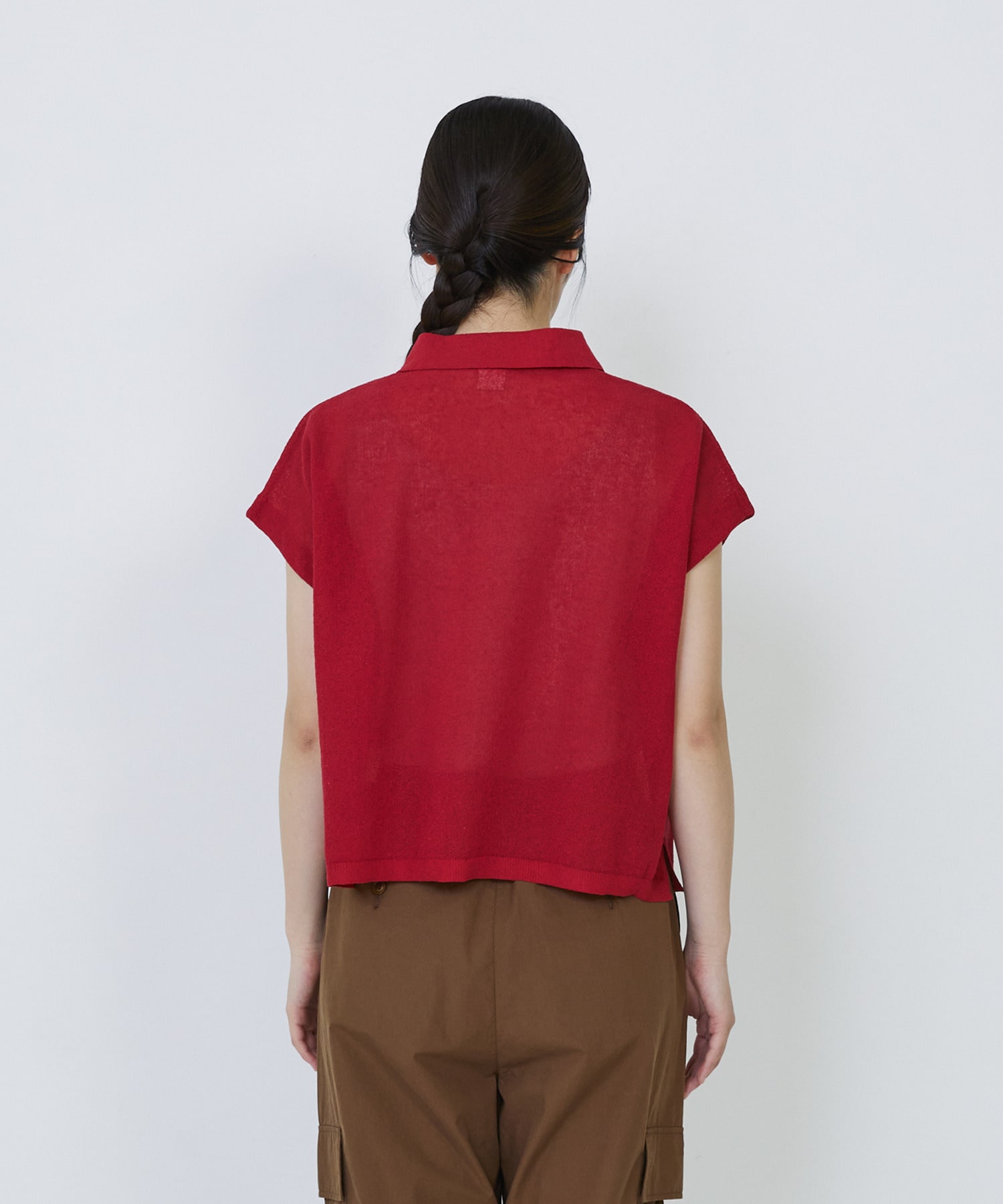 【LOISIR】エステルコットンリネンダブルジャカード編みニットポロ 詳細画像 レッド 15
