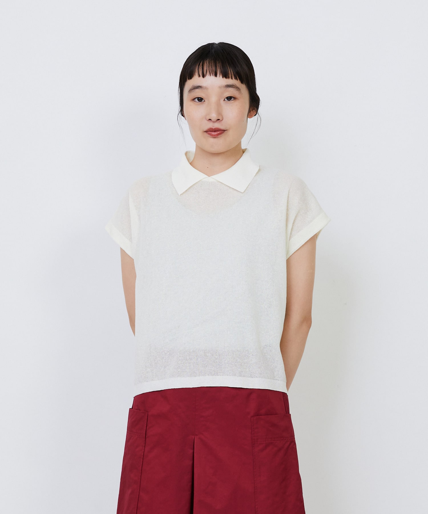 【LOISIR】エステルコットンリネンダブルジャカード編みニットポロ 詳細画像 オフホワイト 1