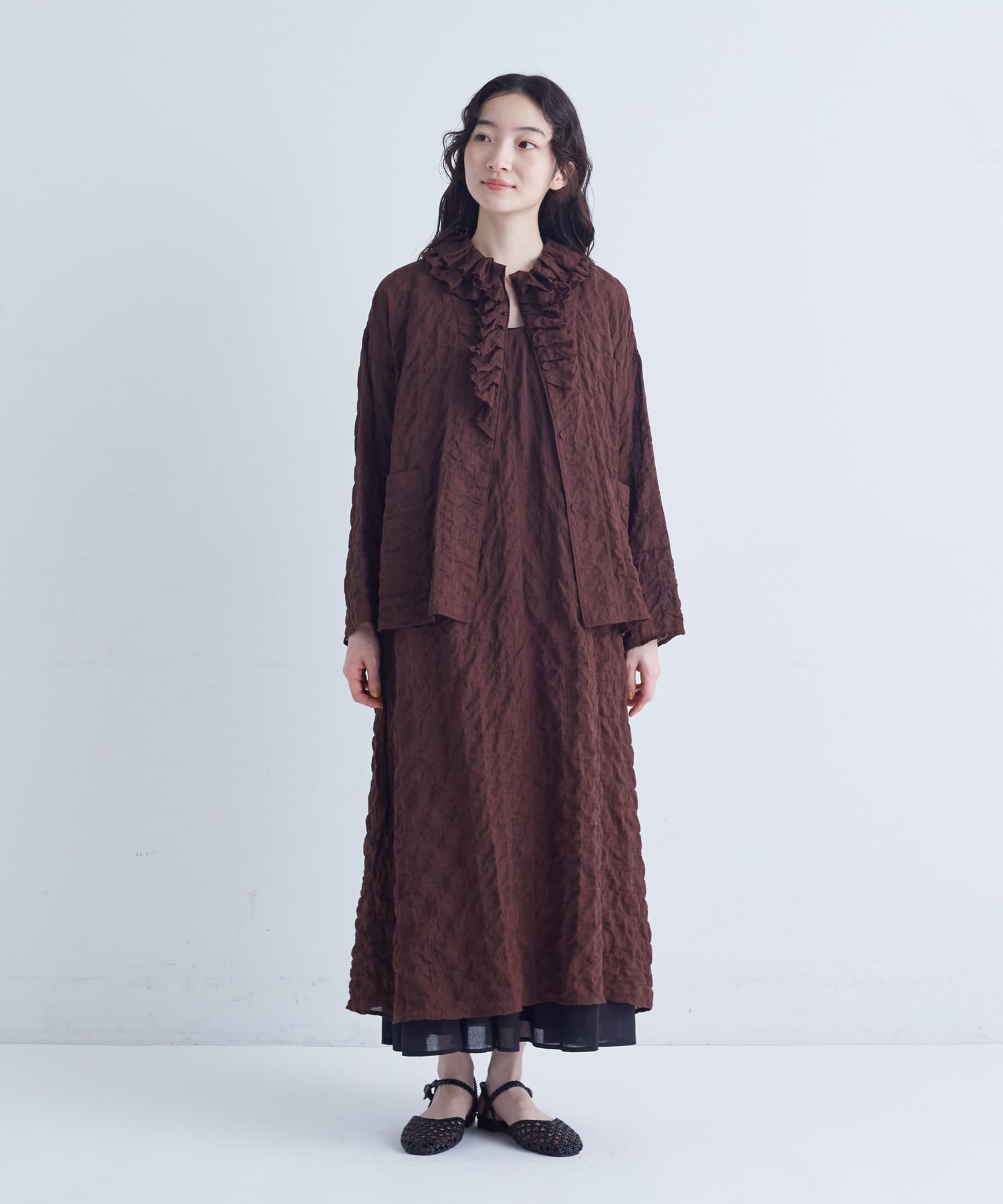 【congés payés】｜2BUY10%OFF・3BUY20%OFF｜シャーリングフリルシャツジャケット 詳細画像 ブラウン 14