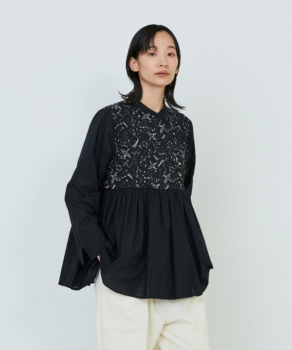 ｜2BUY10%OFF・3BUY20%OFF｜星空プリント＆刺繍ブラウス 詳細画像 ブラック 1