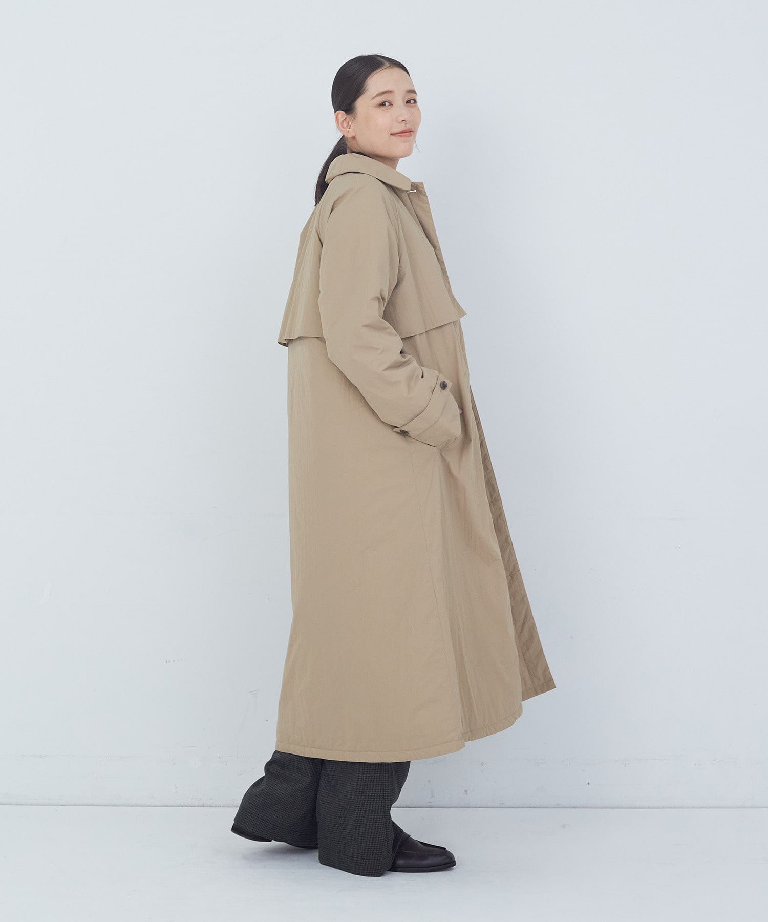 45R 中綿　リボンベルト付き ナイロンロングコート　ベージュ リボンベルトフード付きロング中綿ダウンコート[kd25] GRL