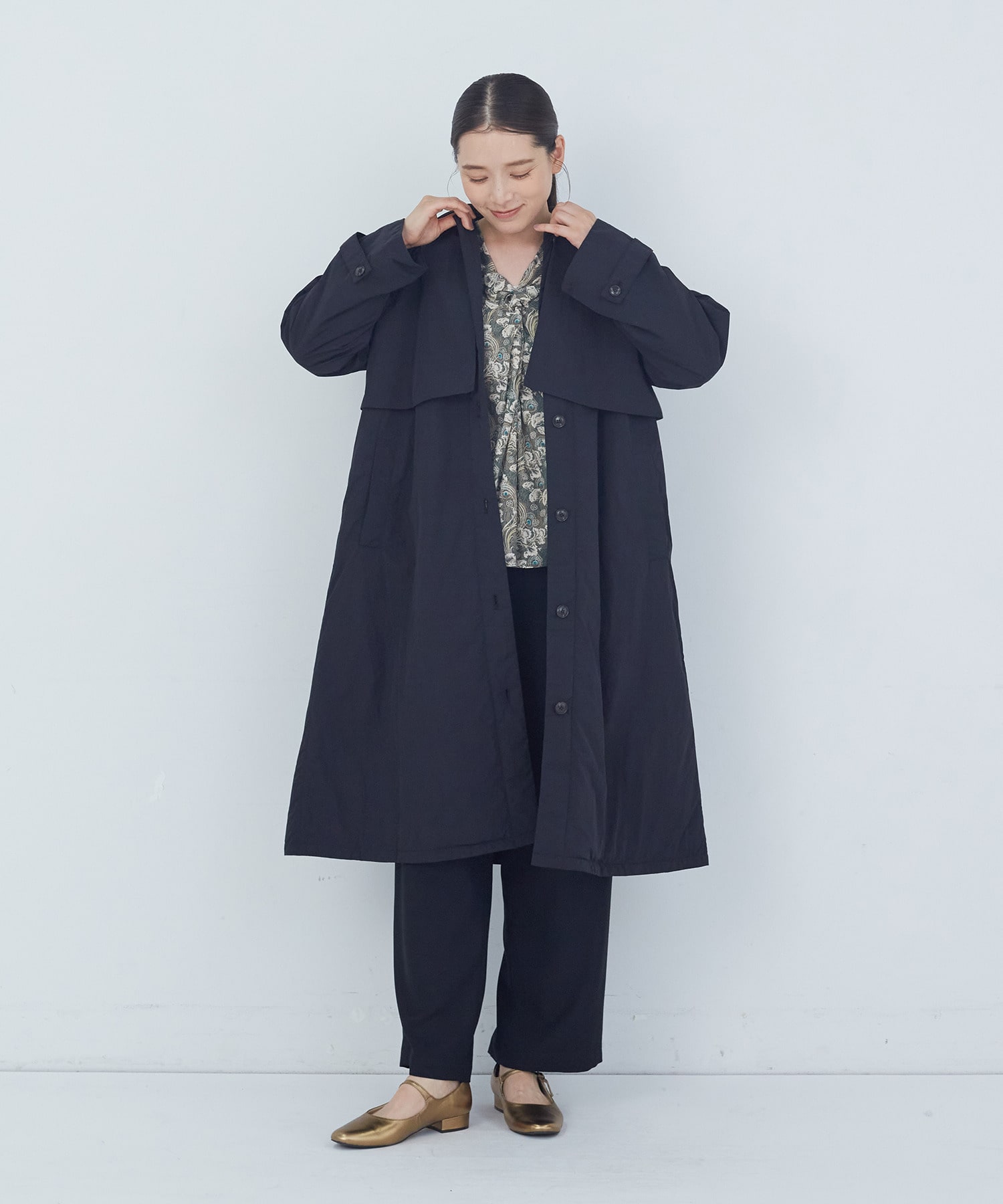 21FW soduk 中綿ナイロンコート 160]フィット＆フレア中綿ロングコート(その他のコート