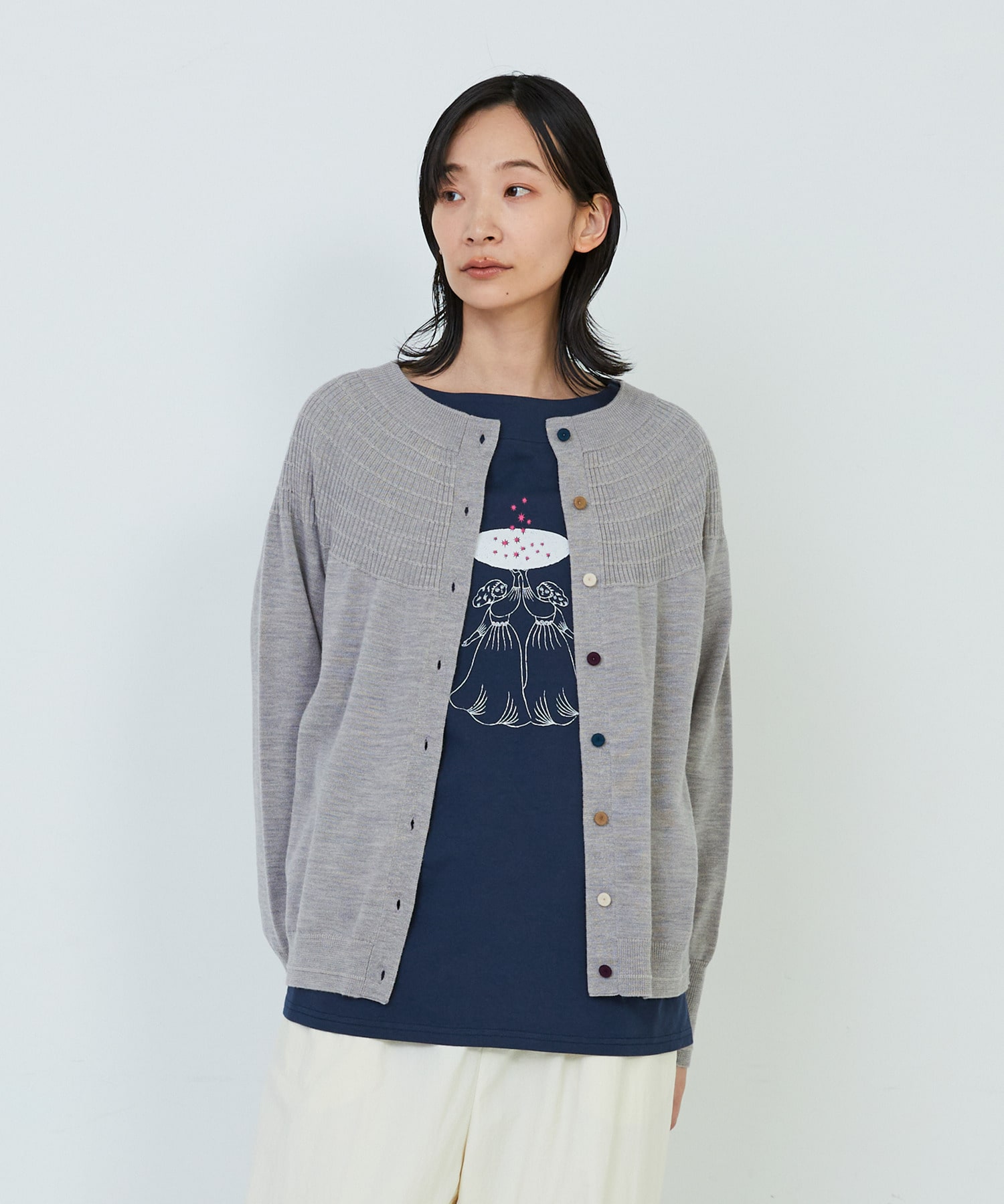 【ADIEU TRISTESSE】キュウシンリブカラフル釦カーディガン 詳細画像 グレイッシュベージュ 1