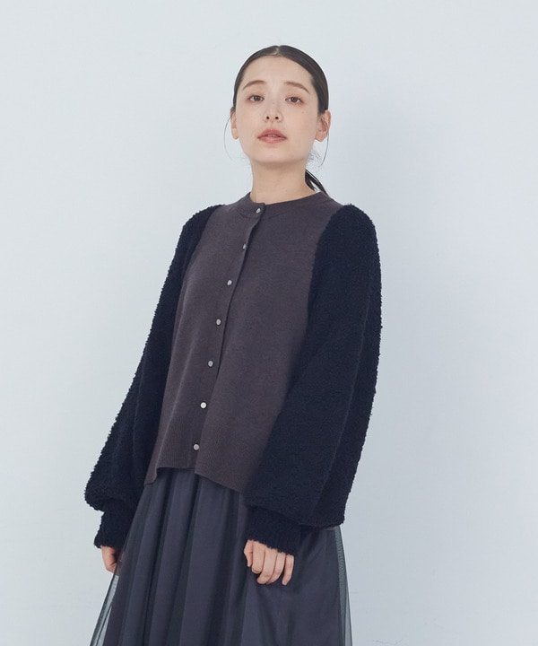 ｜2BUY10%OFF・3BUY20%OFF｜ウールナイロンブークレー×ウールセミ梳毛コンビカーディガン 詳細画像 ブラック 1