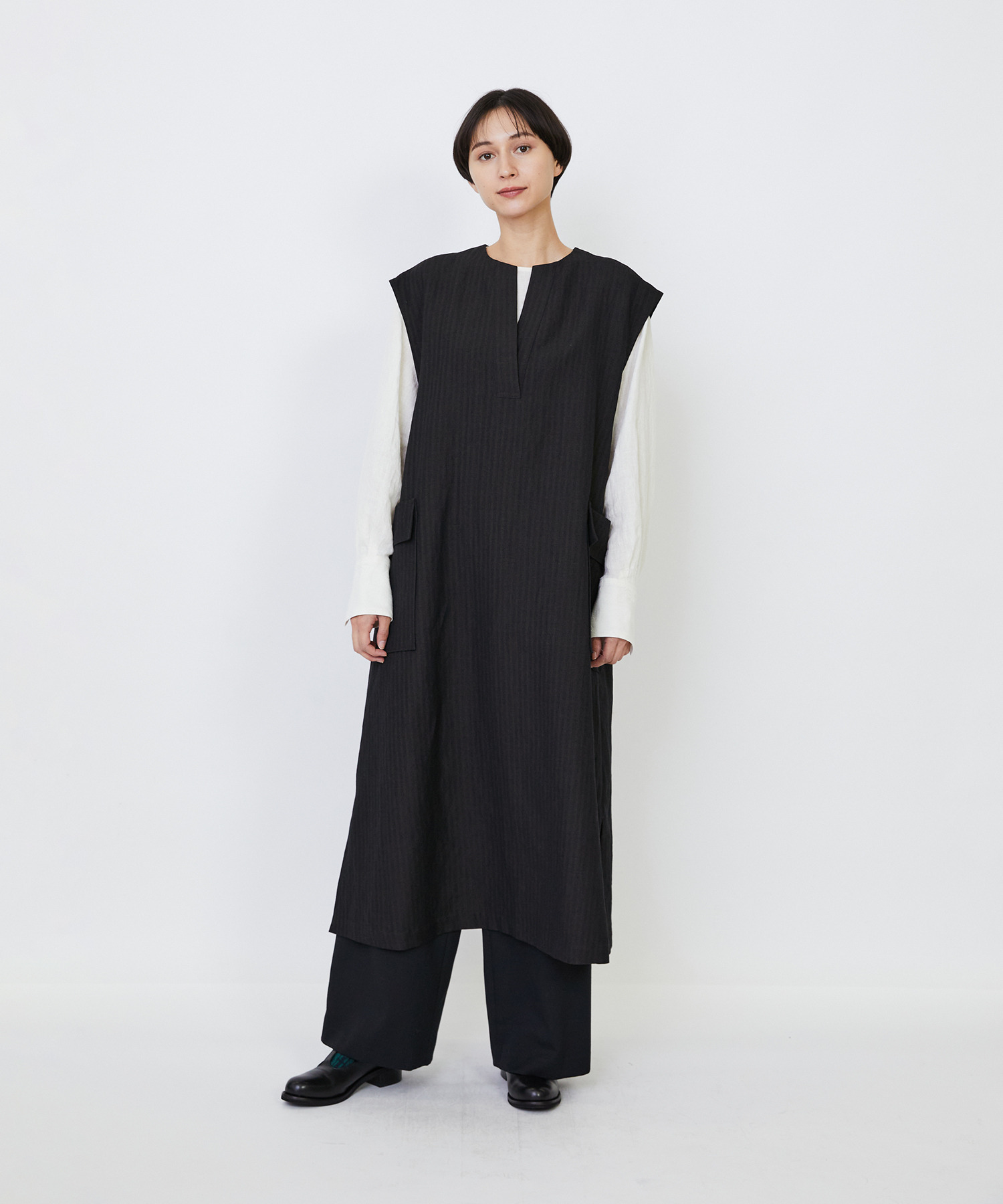 【LOISIR】【MTサイズ有り】ウールリネンへリンボーンスリーブレスワンピース 詳細画像 チャコールグレー 1