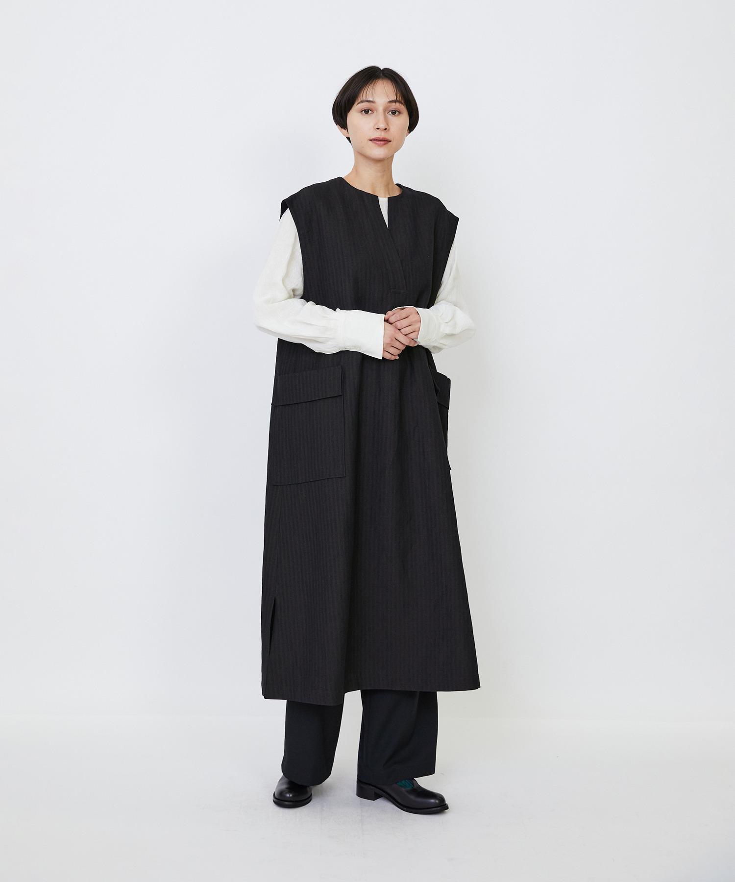 【LOISIR】【MTサイズ有り】ウールリネンへリンボーンスリーブレスワンピース 詳細画像 チャコールグレー 2