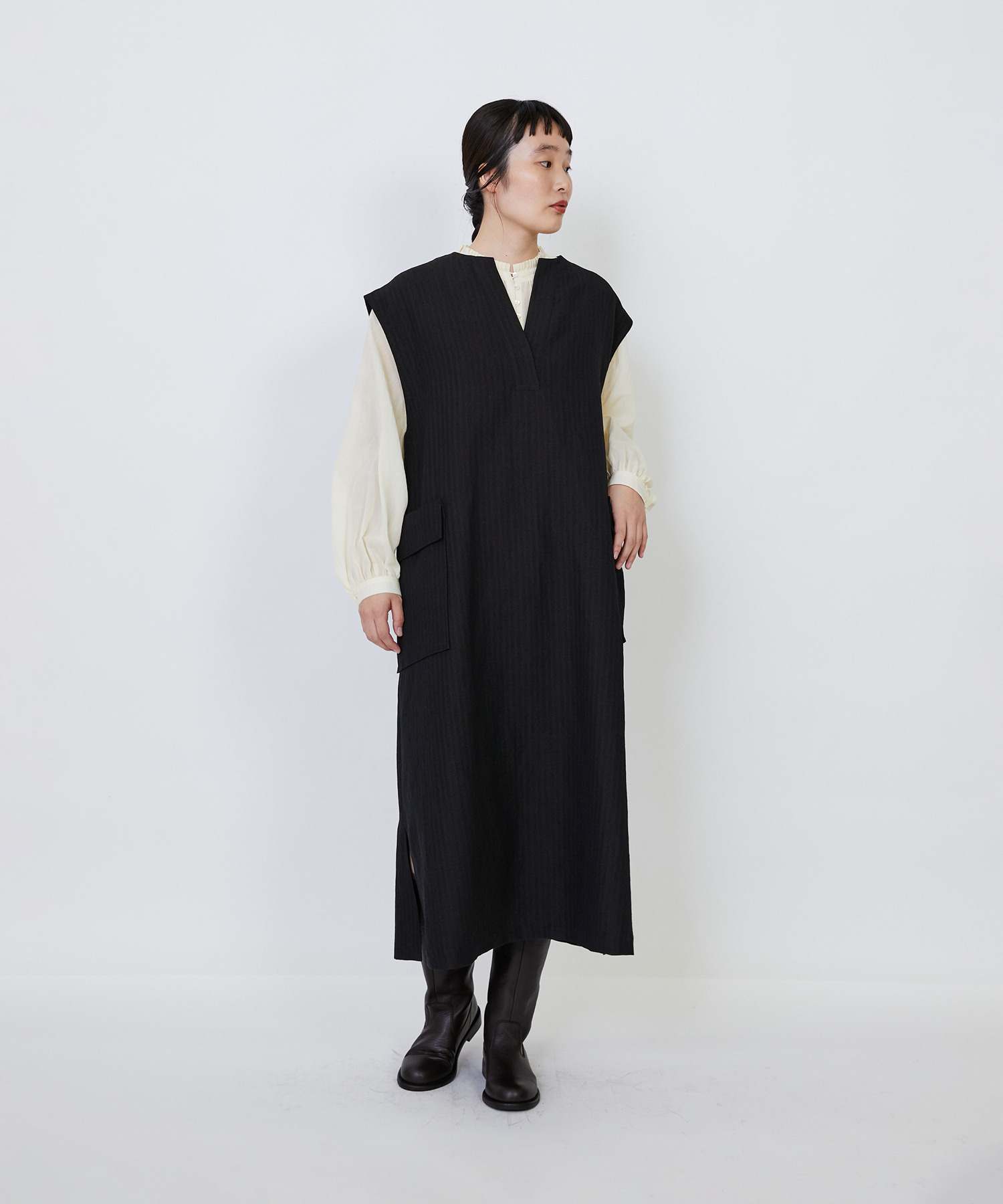 【LOISIR】【MTサイズ有り】ウールリネンへリンボーンスリーブレスワンピース 詳細画像 チャコールグレー 4