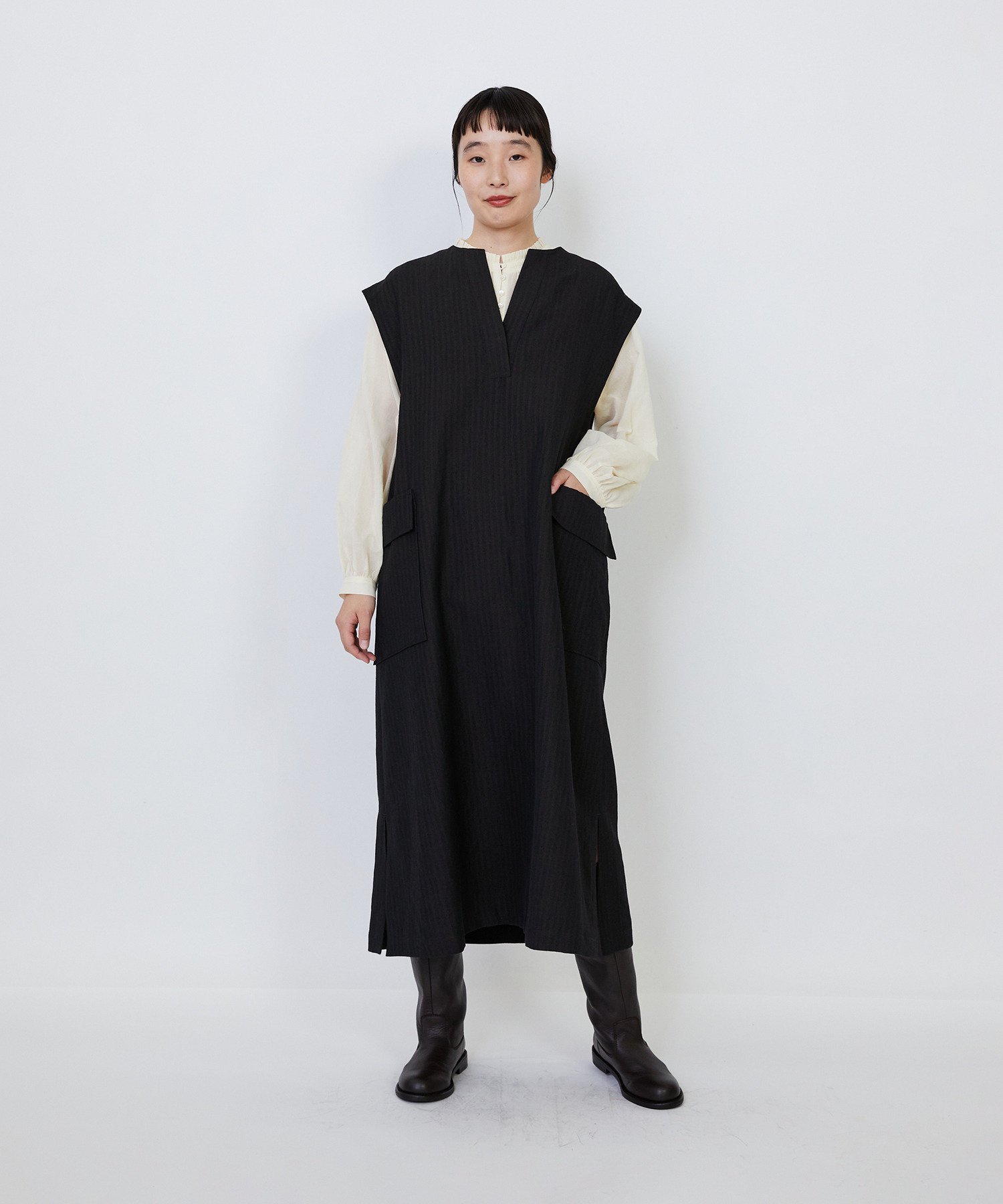 【LOISIR】【MTサイズ有り】ウールリネンへリンボーンスリーブレスワンピース 詳細画像 チャコールグレー 5