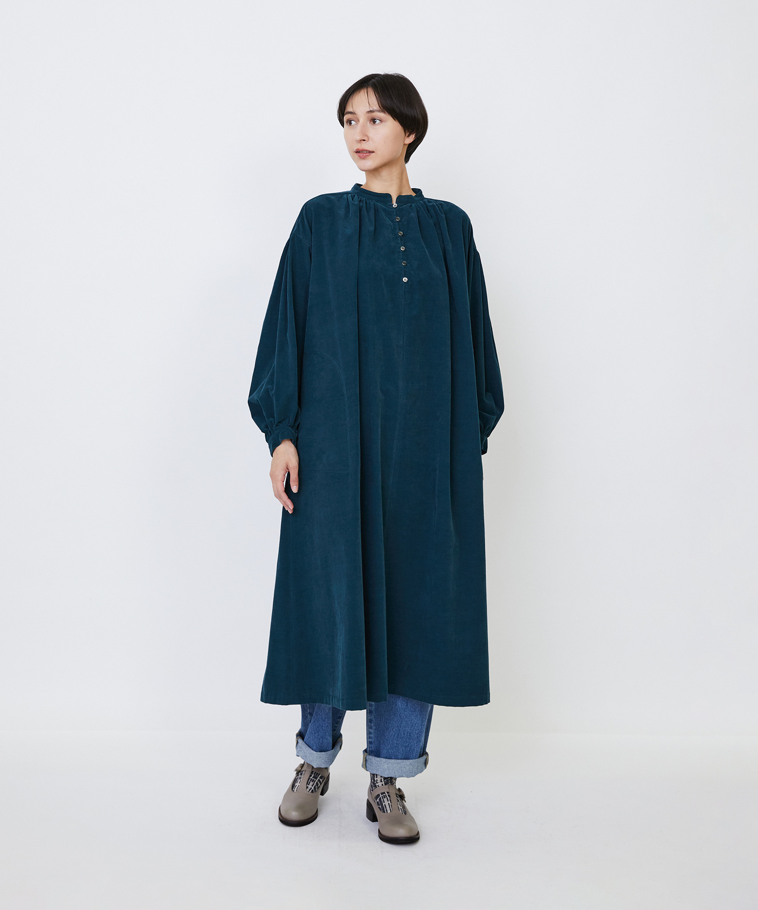 【LOISIR】｜2BUY10%OFF・3BUY20%OFF｜【MTサイズ有り】コットン細コールスモックワンピース 詳細画像 グリーン 1