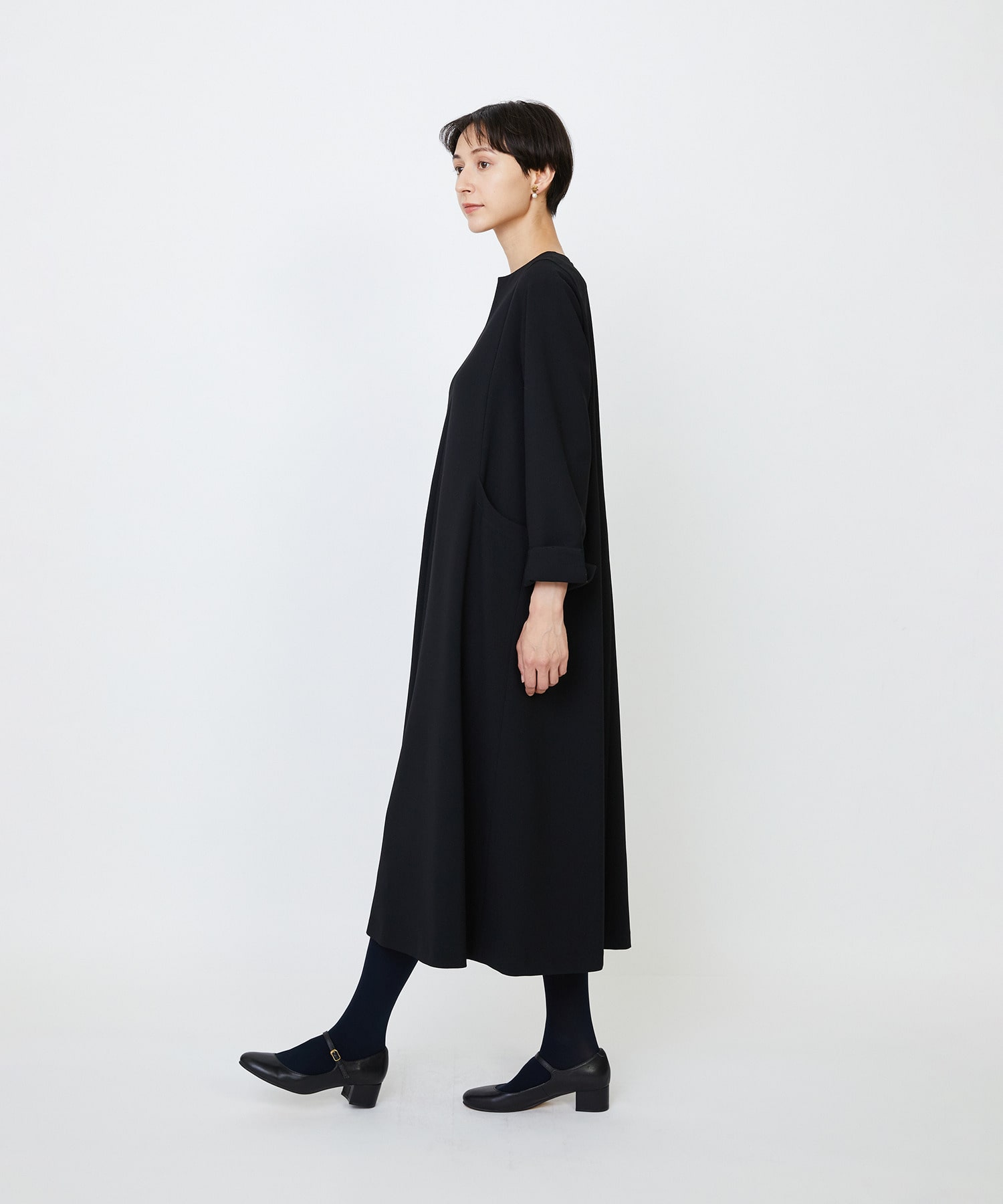 【LOISIR】エコダブルクロスキーネックワンピース 詳細画像 ブラック 4