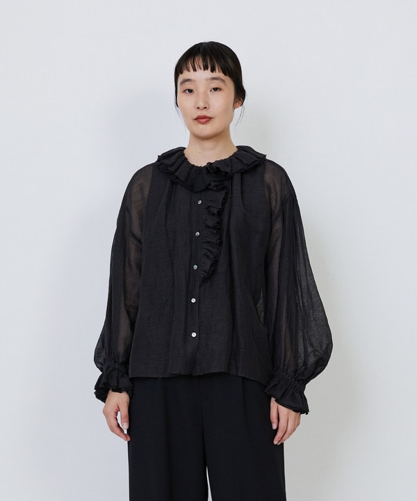 ｜2BUY10%OFF・3BUY20%OFF｜エステルリネンカールマイヤーフリルデザインブラウス 詳細画像 ブラック 1