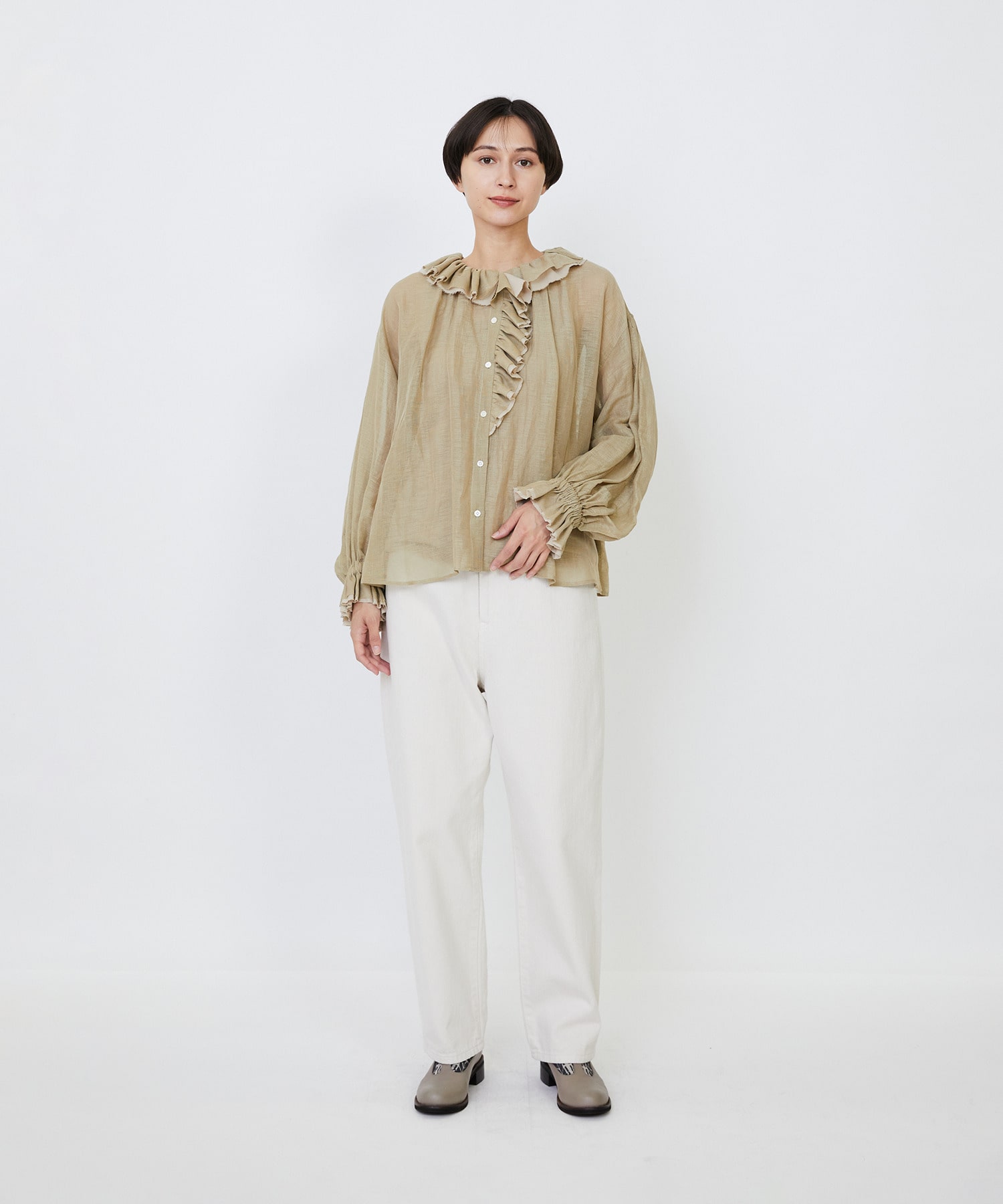 【LOISIR】｜2BUY10%OFF・3BUY20%OFF｜エステルリネンカールマイヤーフリルデザインブラウス 詳細画像 ブラック 12