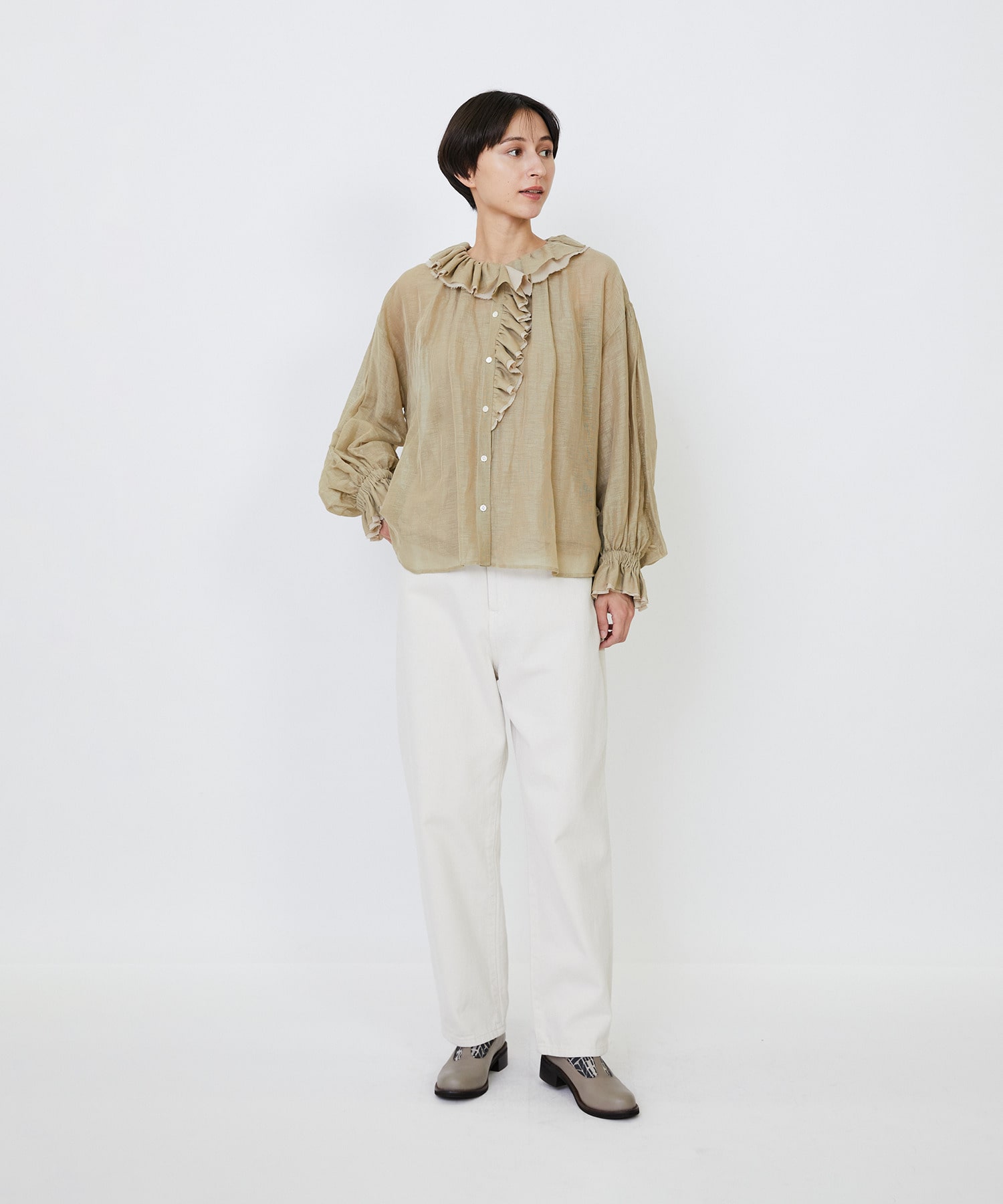 【LOISIR】｜2BUY10%OFF・3BUY20%OFF｜エステルリネンカールマイヤーフリルデザインブラウス 詳細画像 ブラック 14