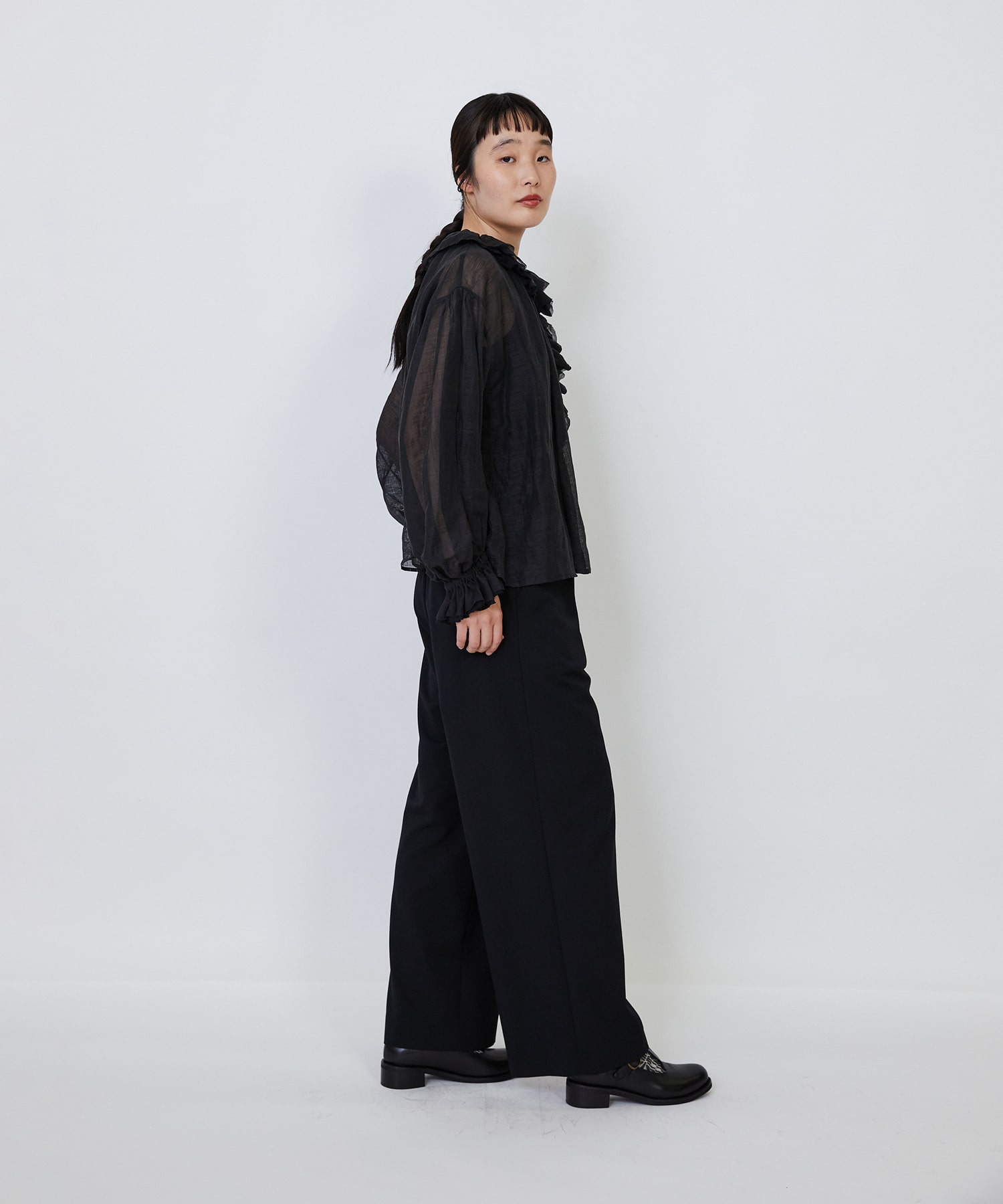 【LOISIR】｜2BUY10%OFF・3BUY20%OFF｜エステルリネンカールマイヤーフリルデザインブラウス 詳細画像 ブラック 6