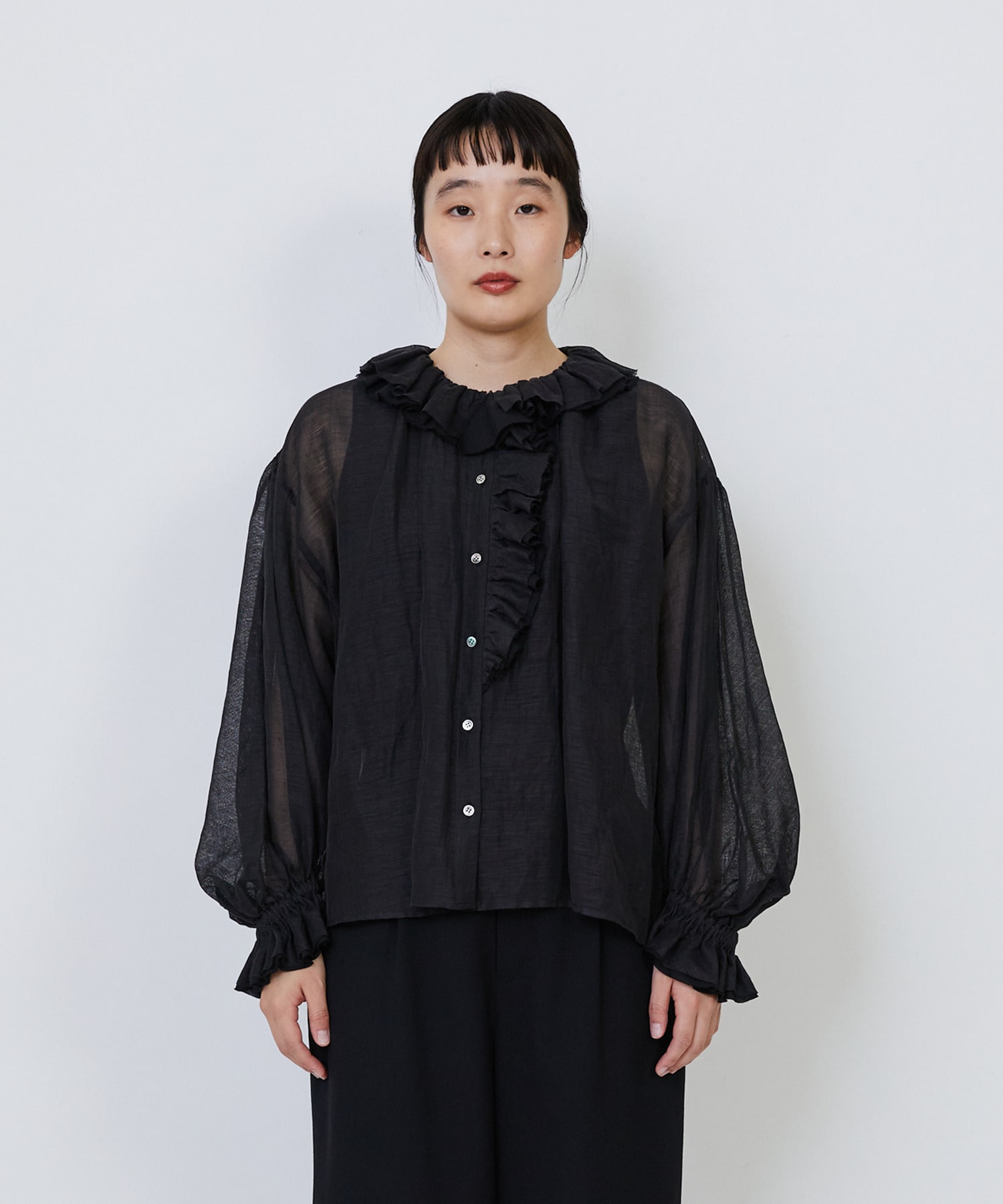 【LOISIR】｜2BUY10%OFF・3BUY20%OFF｜エステルリネンカールマイヤーフリルデザインブラウス 詳細画像 ブラック 9