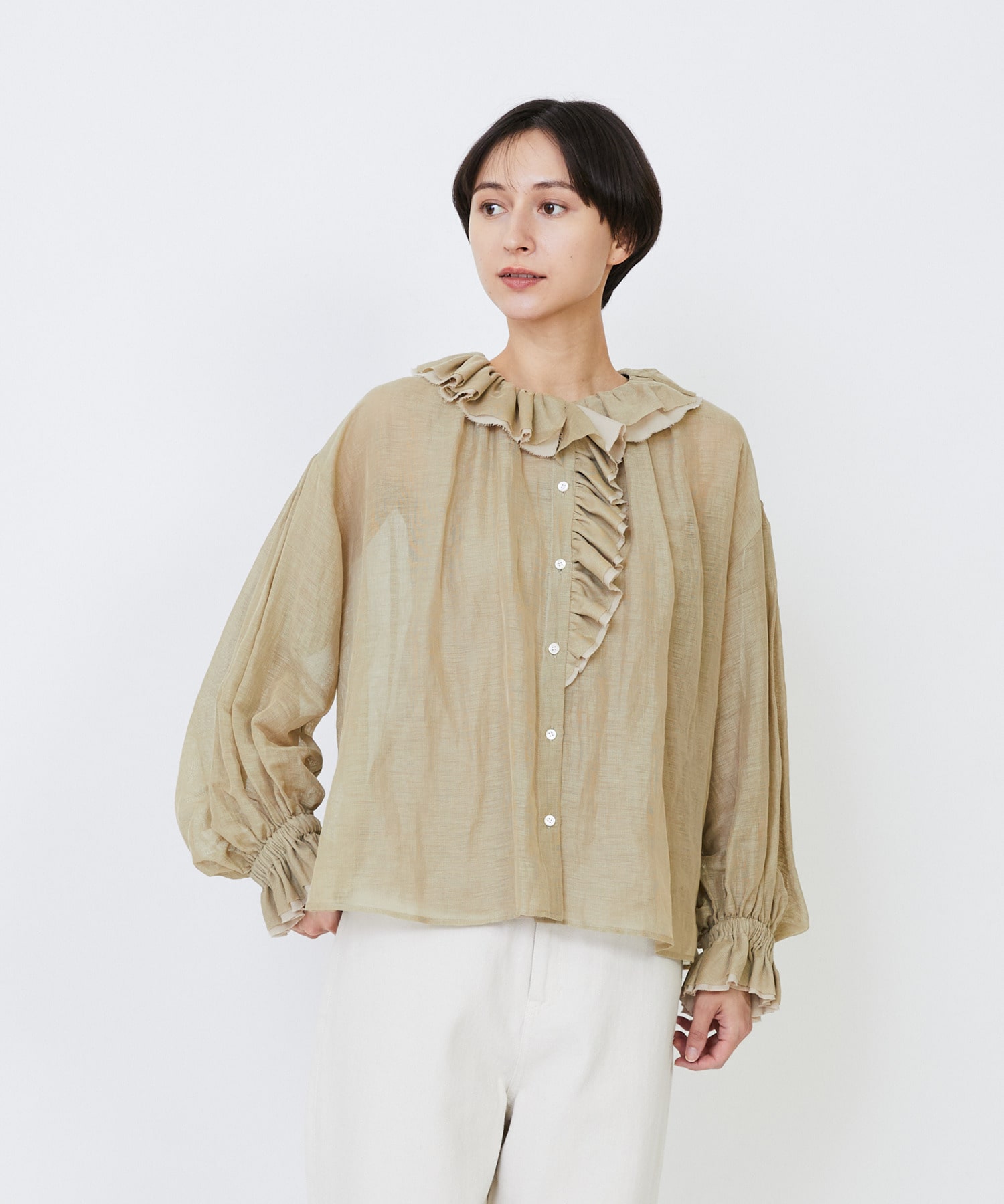 【LOISIR】｜2BUY10%OFF・3BUY20%OFF｜エステルリネンカールマイヤーフリルデザインブラウス 詳細画像 ベージュ 1