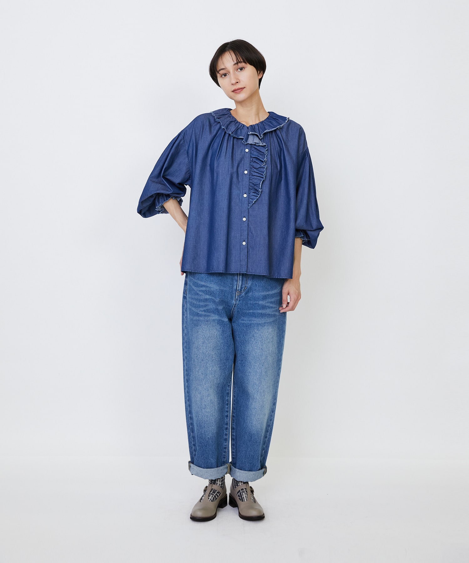 【LOISIR】｜2BUY10%OFF・3BUY20%OFF｜ライトデニムフリルデザインブラウス 詳細画像 インディゴブルー 11