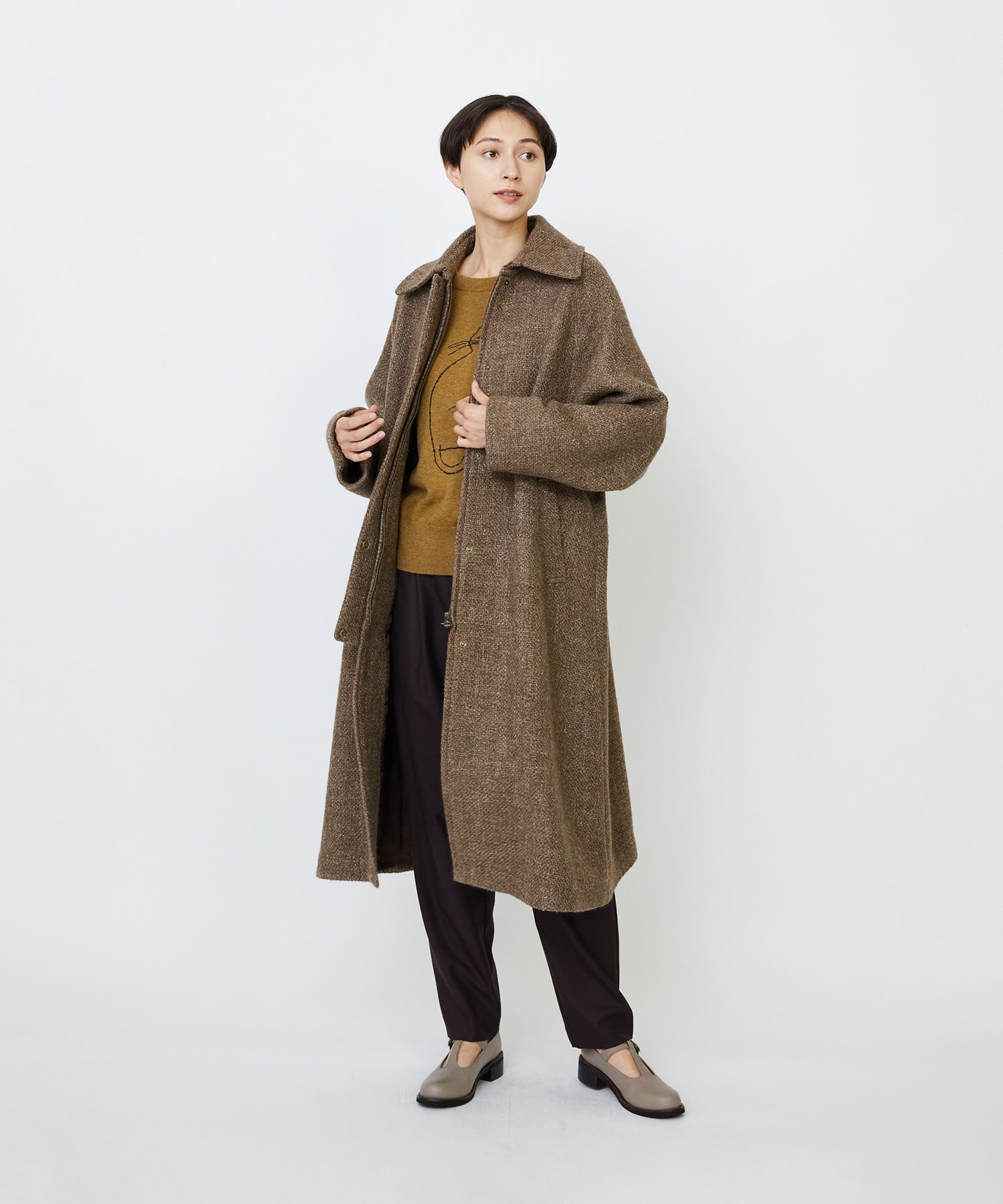 【LOISIR】リネンウールツイードステンカラーコート 詳細画像 ブラウン系その他 2