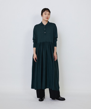 【LOISIR】｜2BUY10%OFF・3BUY20%OFF｜ウール梳毛天竺ポロワンピース 詳細画像 グリーン 1