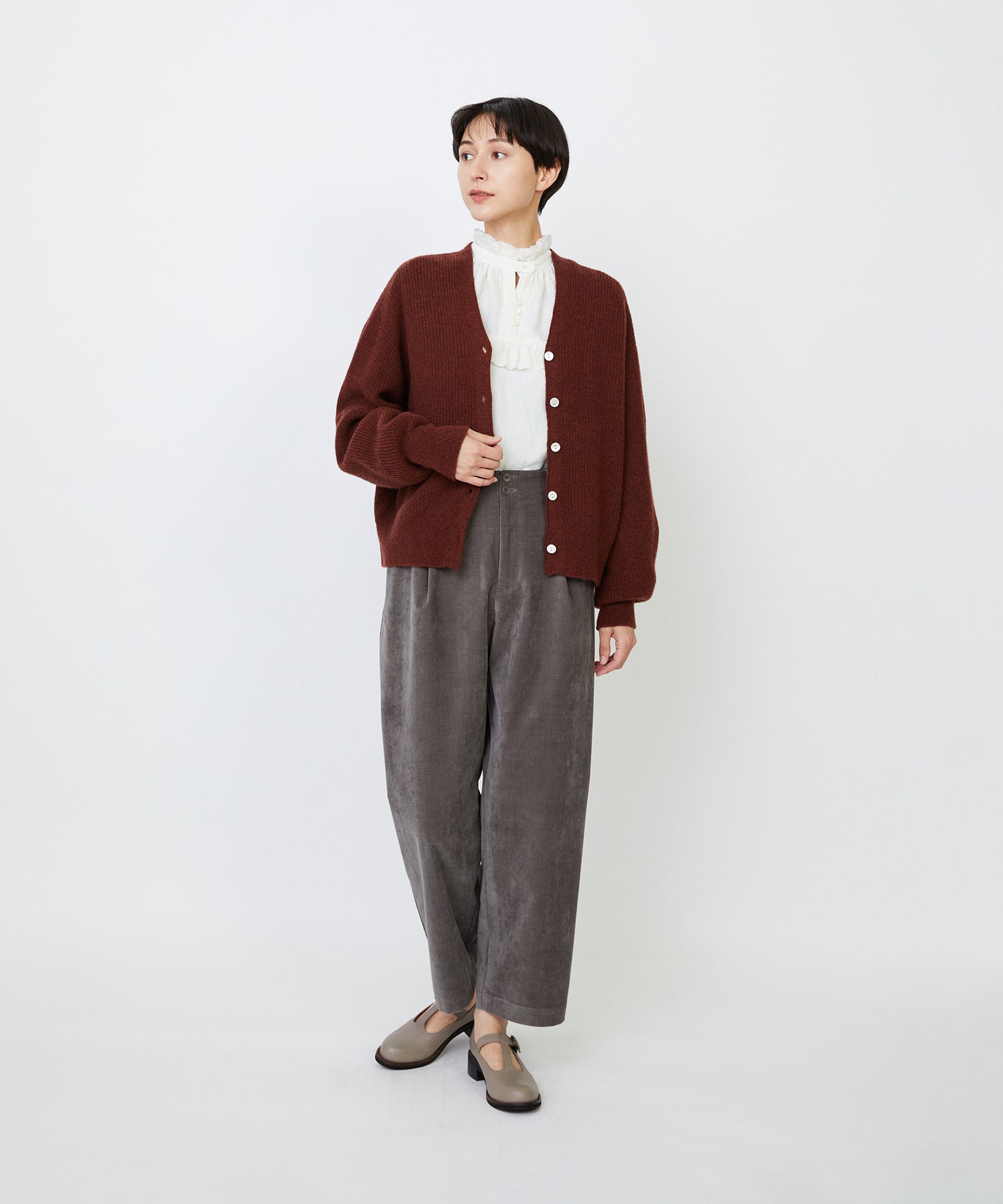 【LOISIR】ラムウール片畦ショートカーディガン 詳細画像 モカ 1